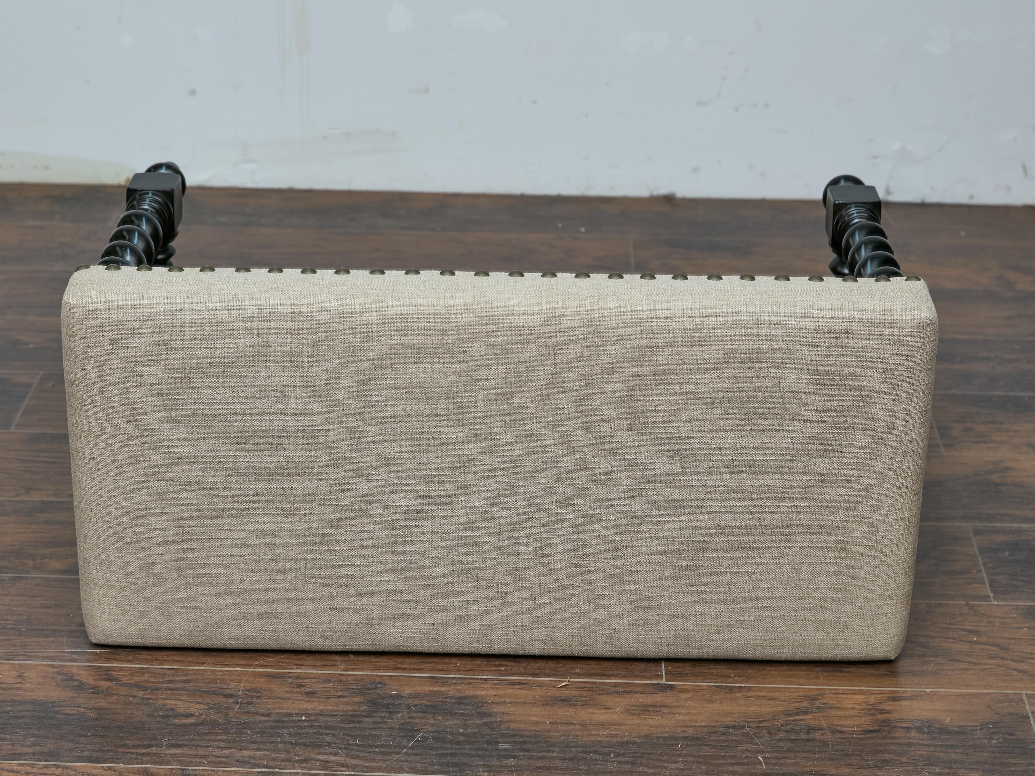 Englische Ebonized Barley Twist Bench, um 1900 mit Leinenpolsterung im Angebot 9