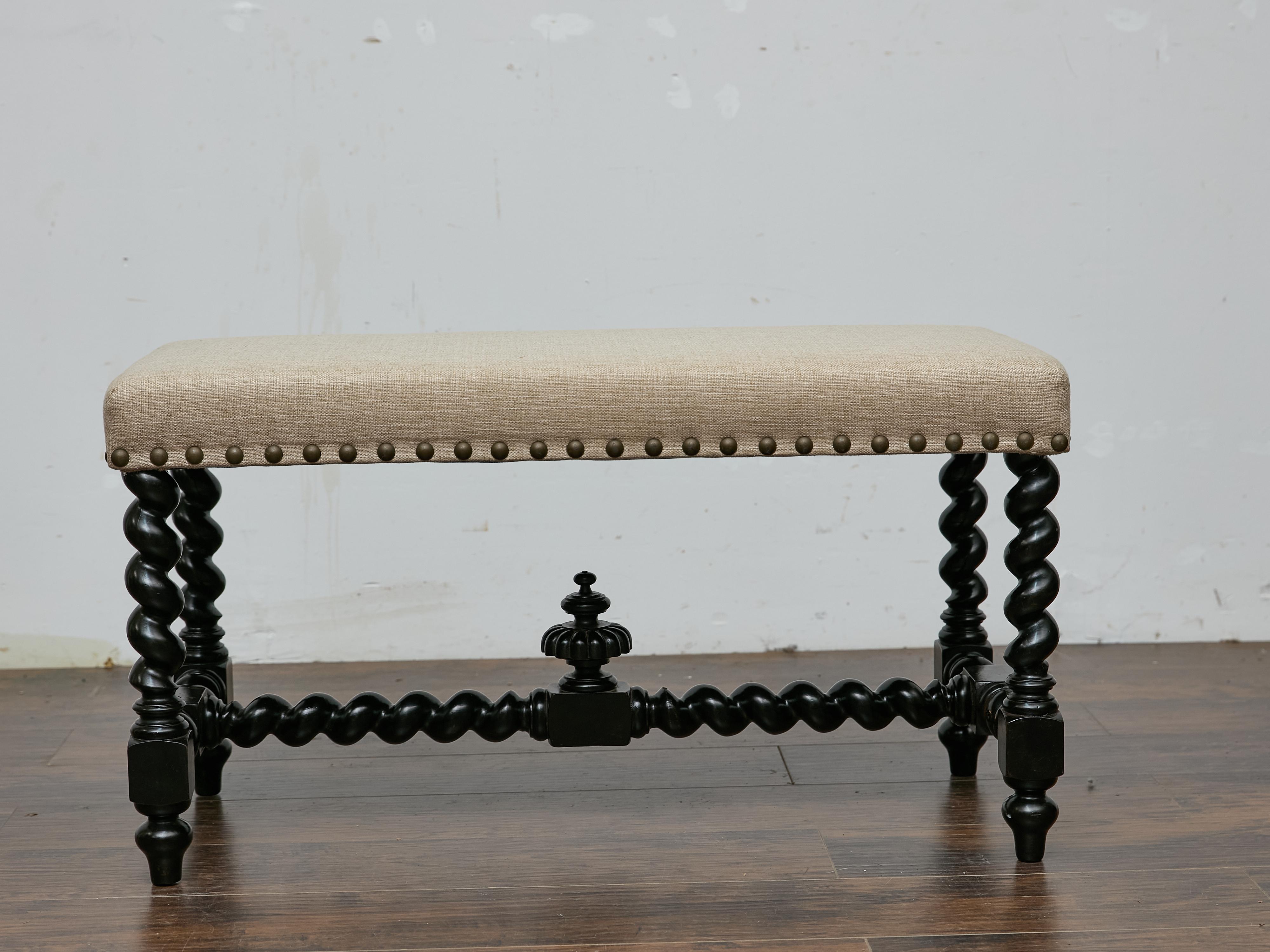 Englische Ebonized Barley Twist Bench, um 1900 mit Leinenpolsterung im Angebot 10