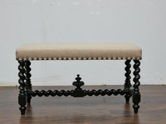 English Ebonized Barley Twist Bench, circa 1900 with Linen Upholstery