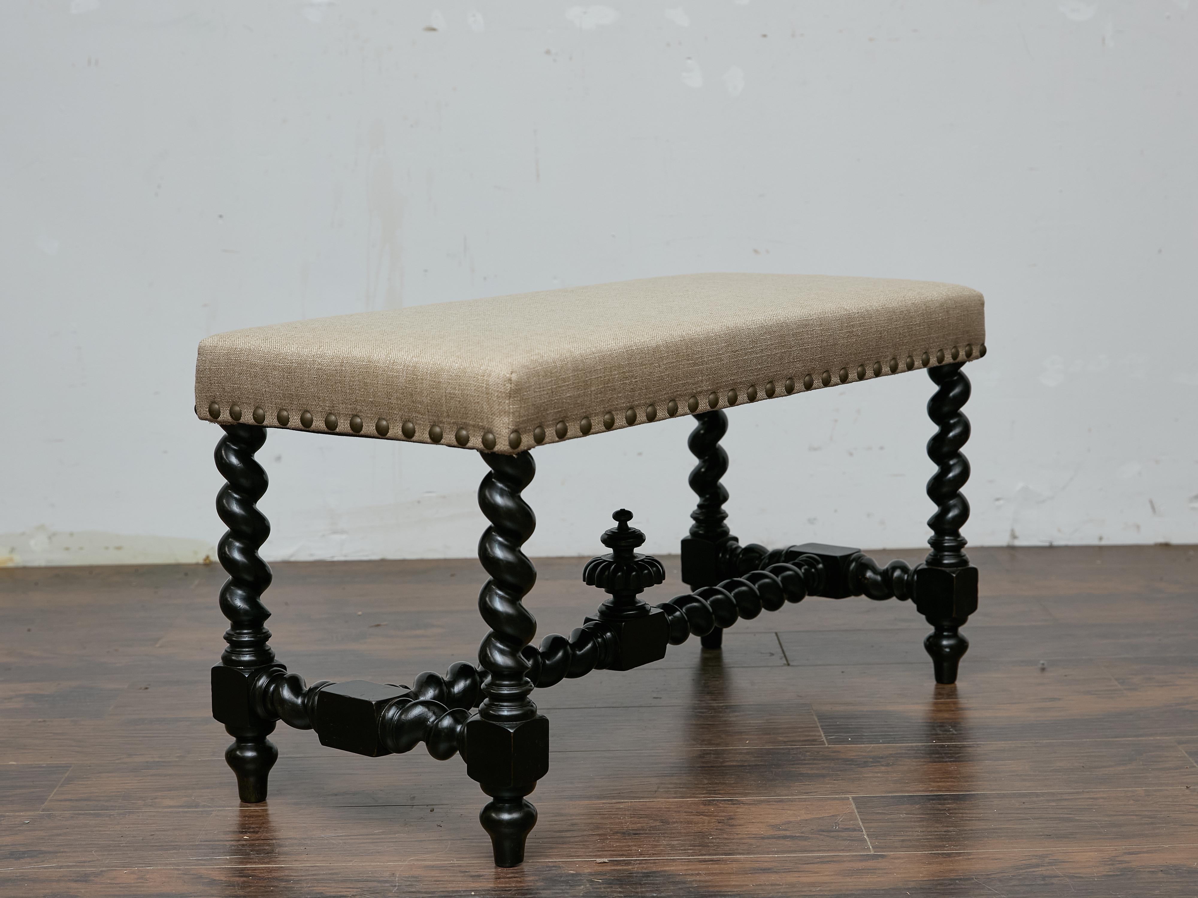 Englische Ebonized Barley Twist Bench, um 1900 mit Leinenpolsterung (Spätviktorianisch) im Angebot