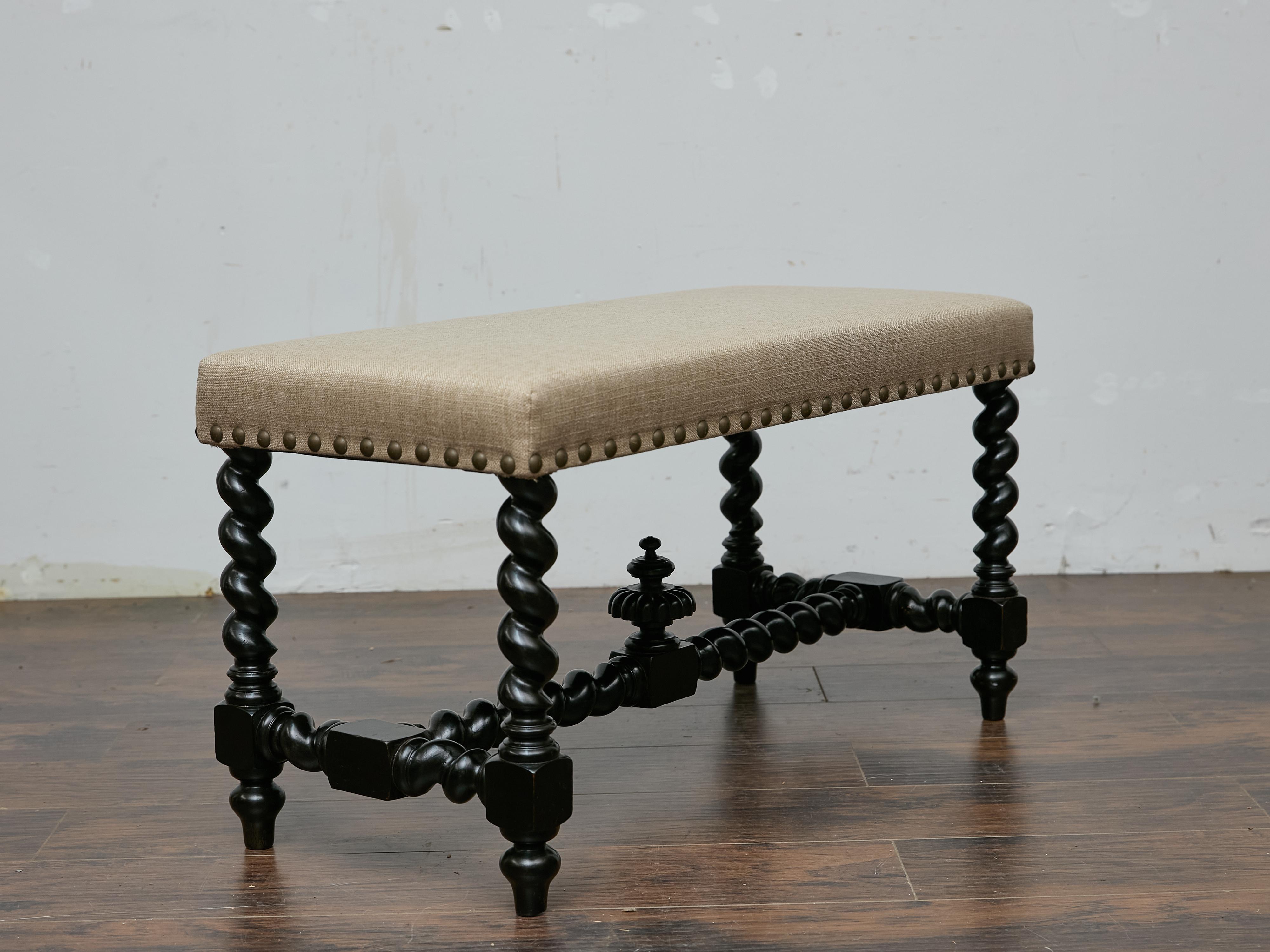 Englische Ebonized Barley Twist Bench, um 1900 mit Leinenpolsterung (Geschnitzt) im Angebot