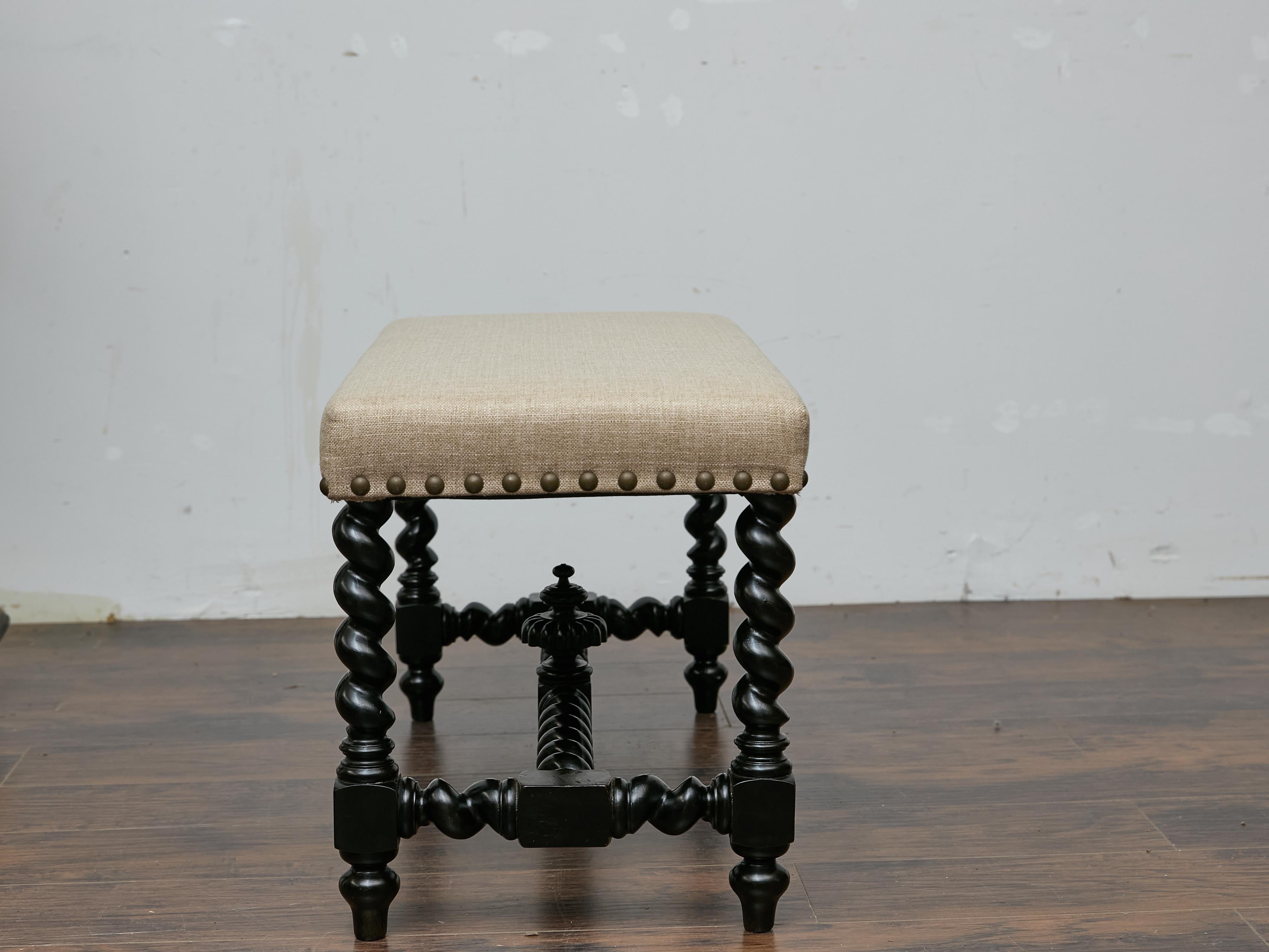 Englische Ebonized Barley Twist Bench, um 1900 mit Leinenpolsterung im Zustand „Gut“ im Angebot in Atlanta, GA