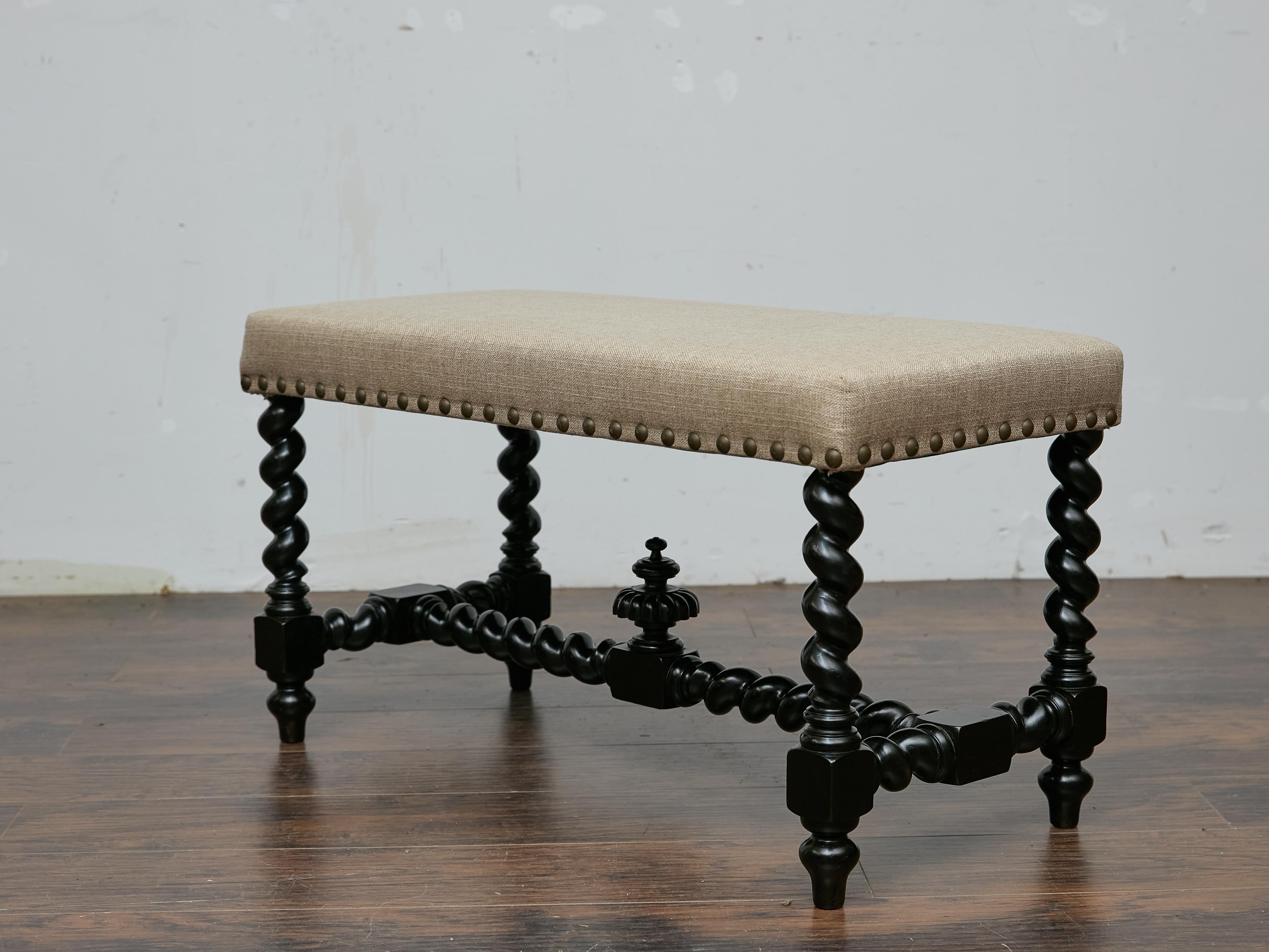 Englische Ebonized Barley Twist Bench, um 1900 mit Leinenpolsterung (Messing) im Angebot