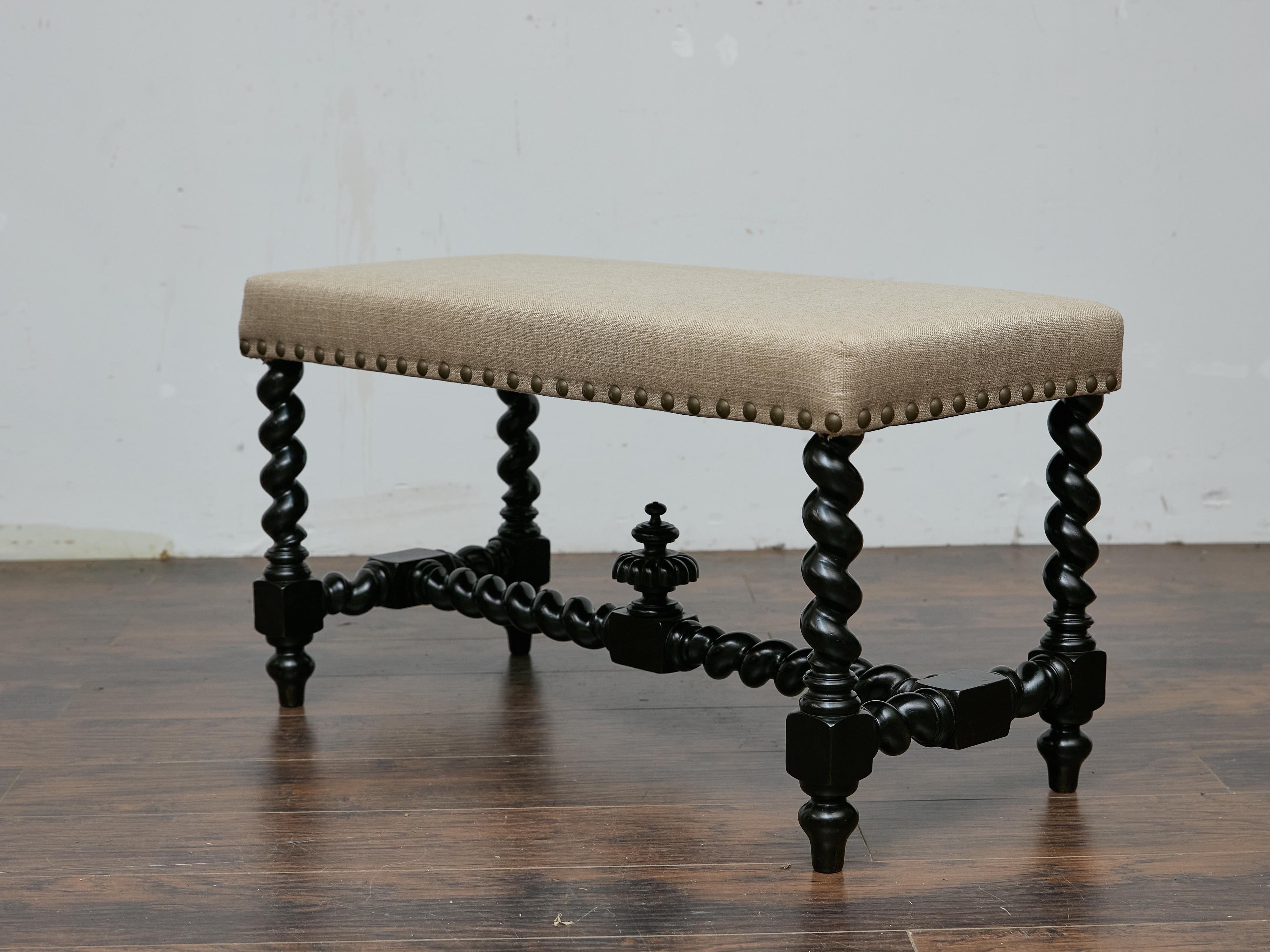 Englische Ebonized Barley Twist Bench, um 1900 mit Leinenpolsterung im Angebot 1