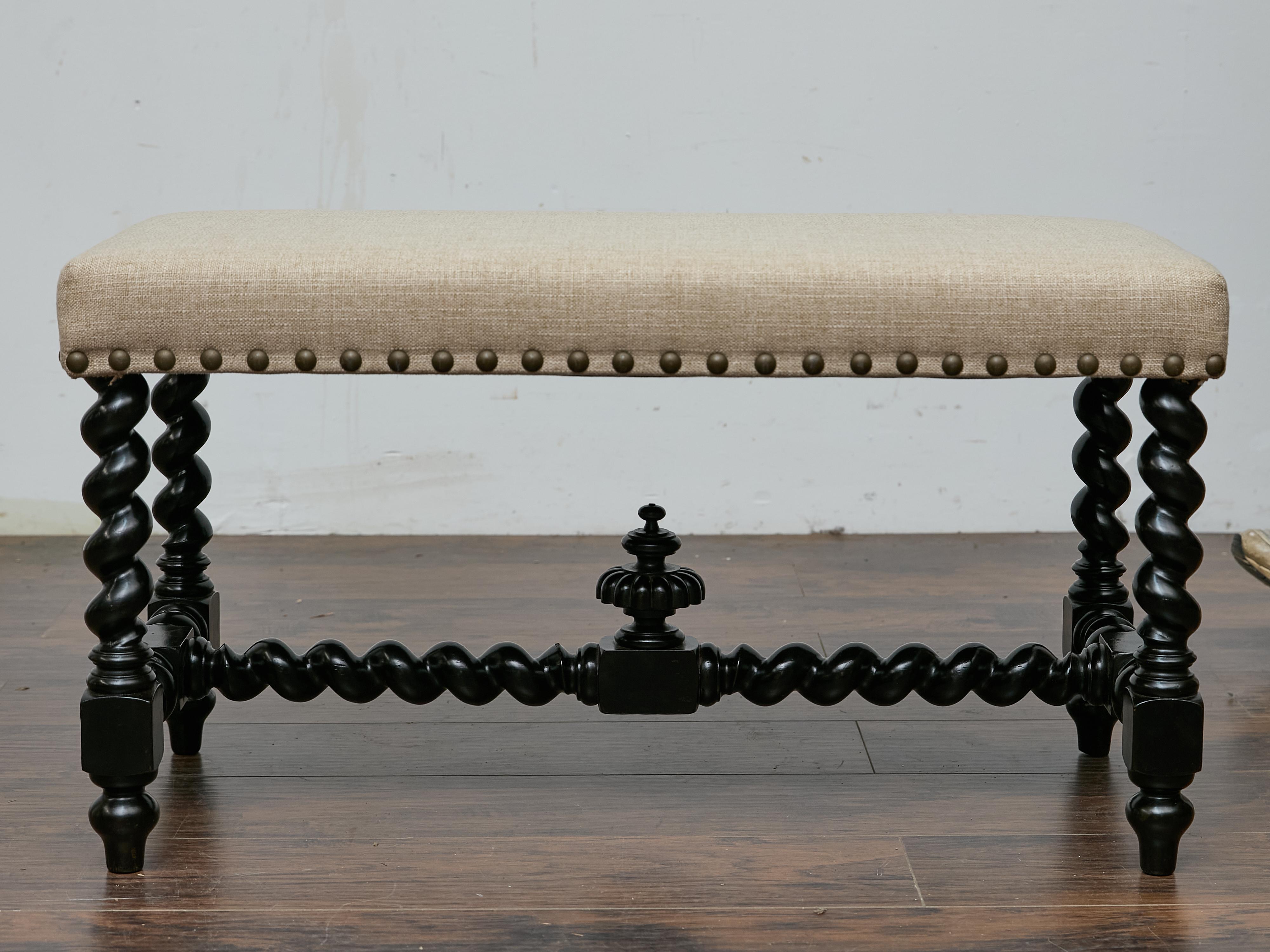 Englische Ebonized Barley Twist Bench, um 1900 mit Leinenpolsterung im Angebot 2
