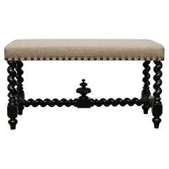 Panca d'orzo ebanizzata inglese del 1900 circa con rivestimento in lino