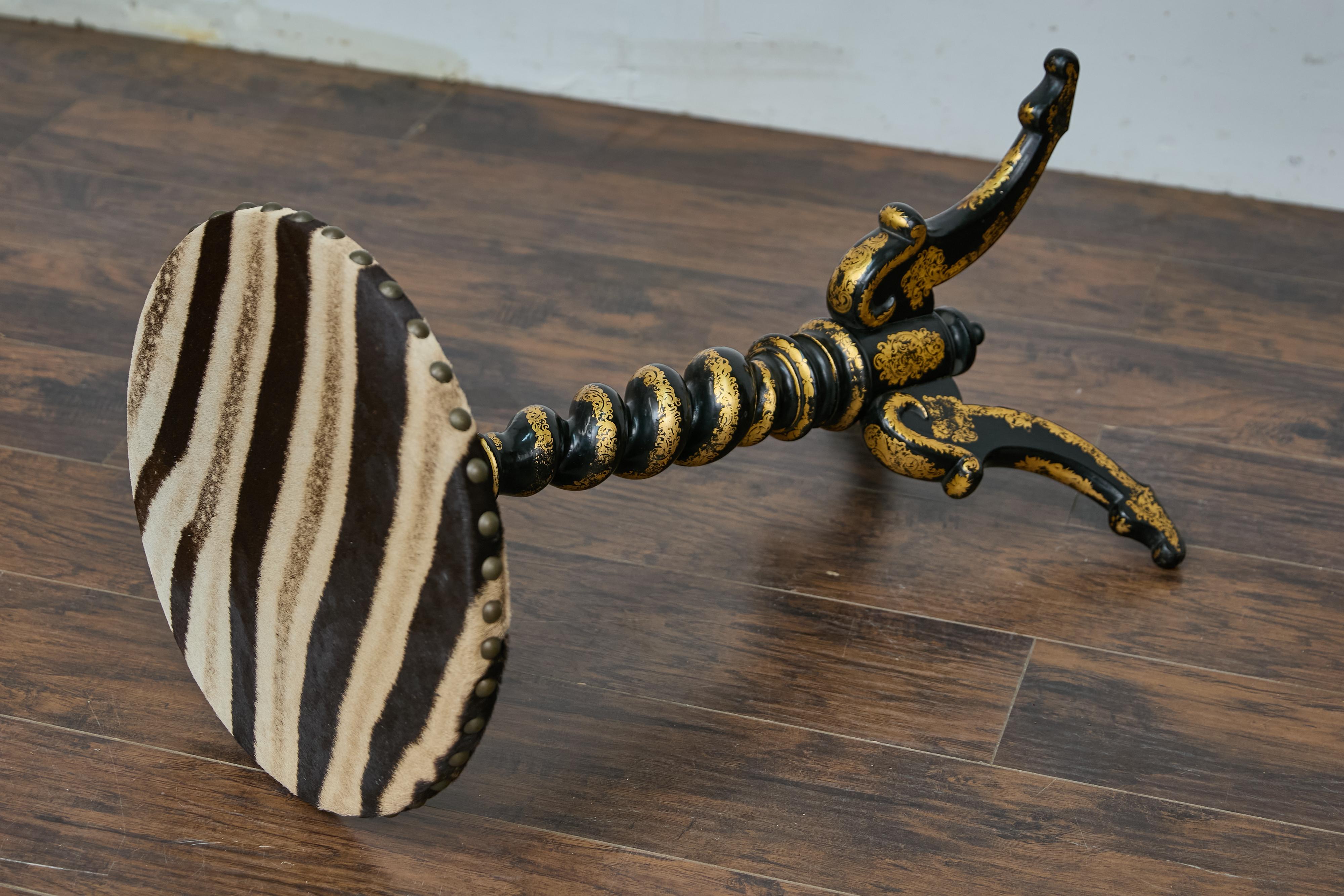 English Ebonized Barley Twist Pedestal Table with Zebra Hide and Gilt Detailing For Sale 4