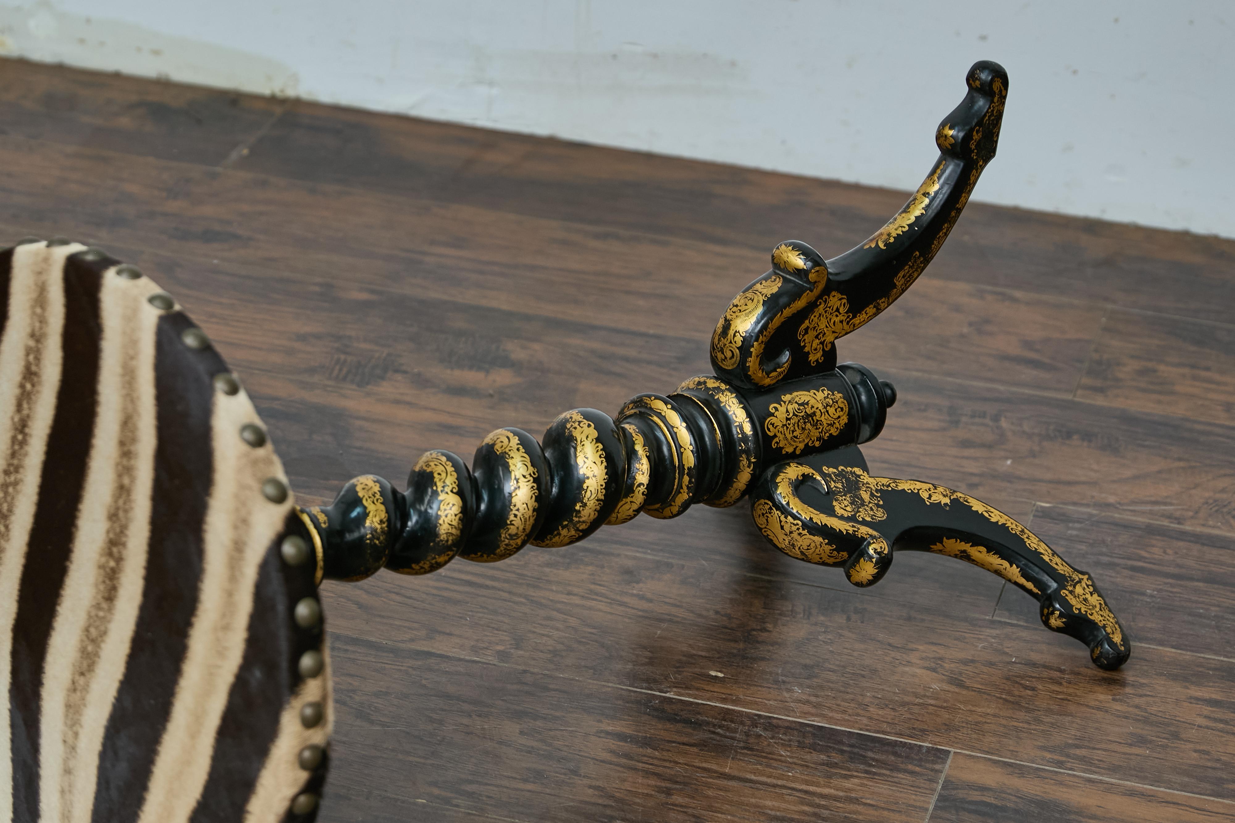 English Ebonized Barley Twist Pedestal Table with Zebra Hide and Gilt Detailing For Sale 5