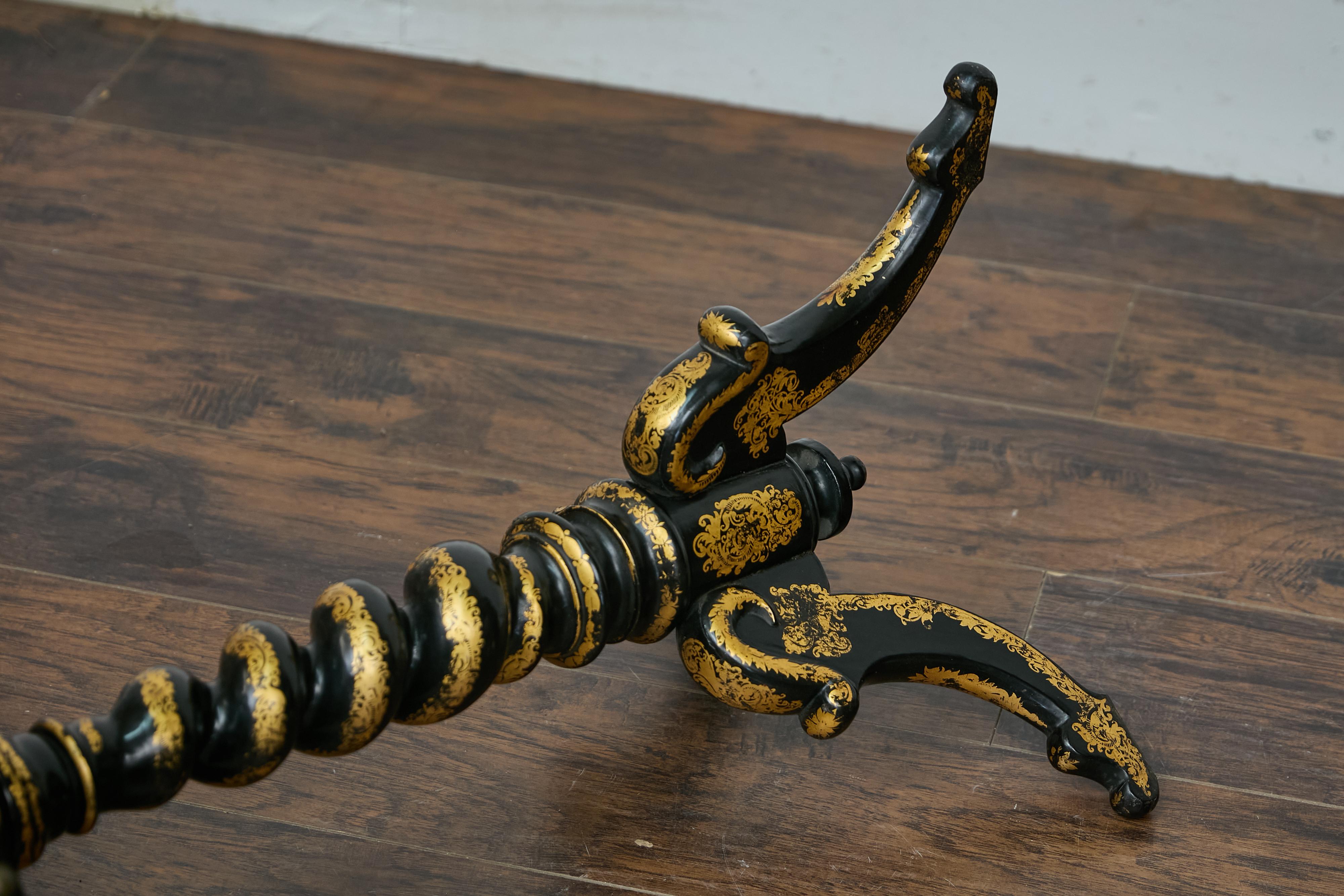 English Ebonized Barley Twist Pedestal Table with Zebra Hide and Gilt Detailing For Sale 6