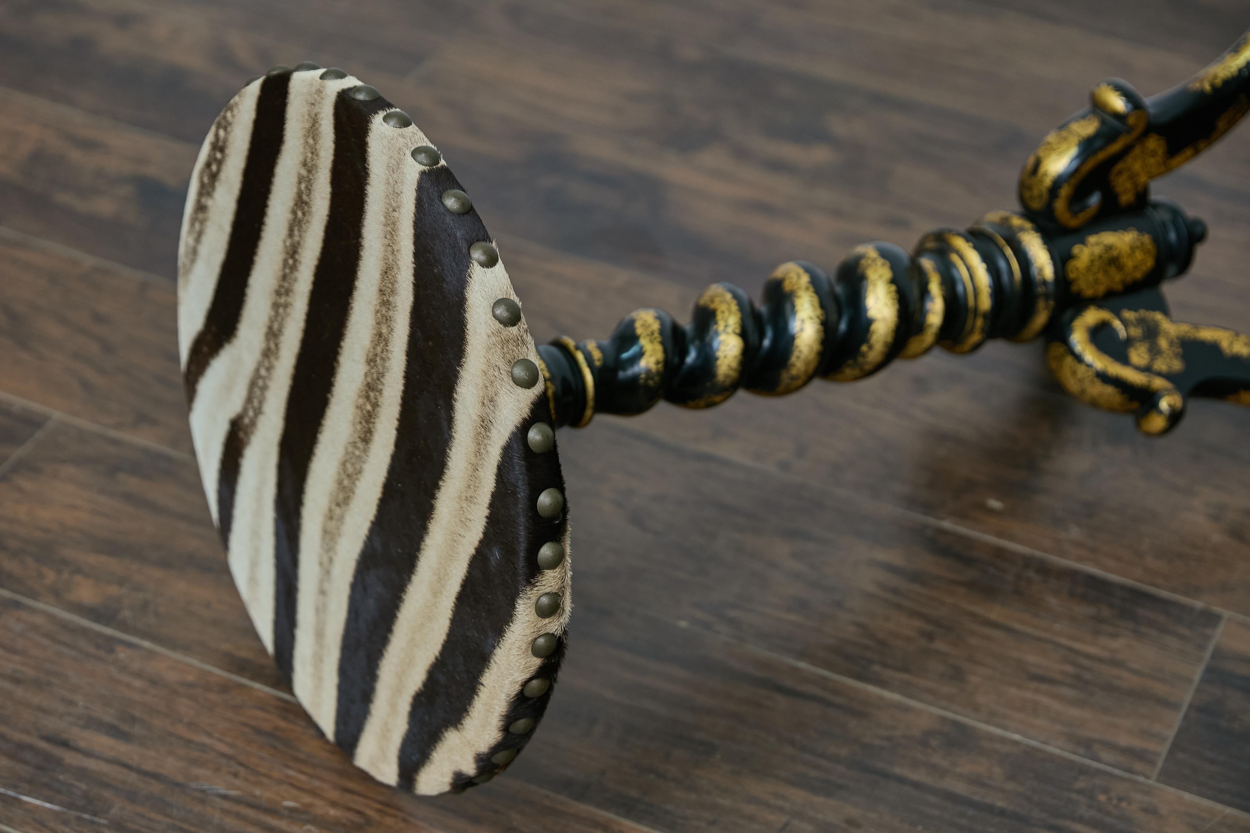 English Ebonized Barley Twist Pedestal Table with Zebra Hide and Gilt Detailing For Sale 7