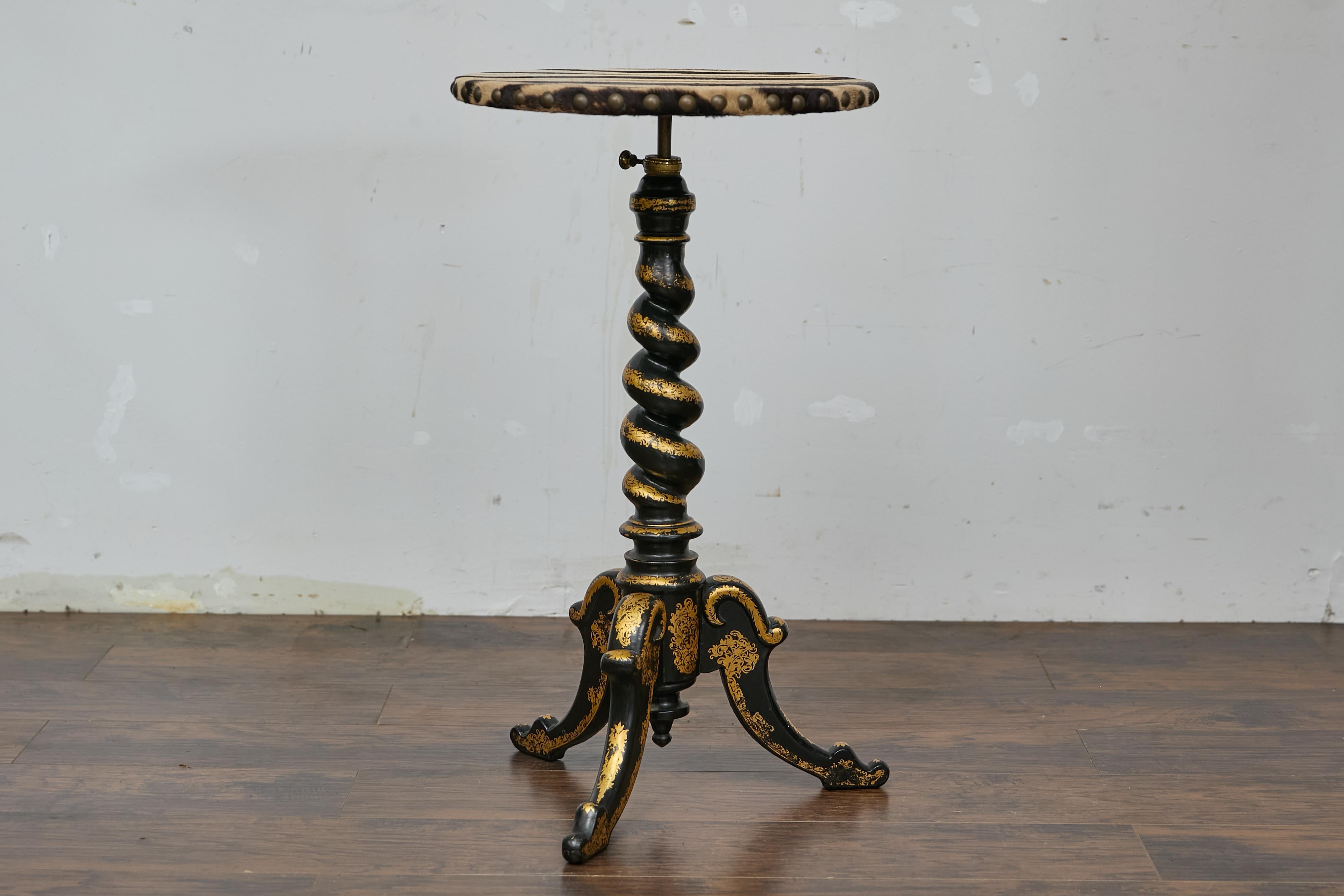 English Ebonized Barley Twist Pedestal Table with Zebra Hide and Gilt Detailing For Sale 11