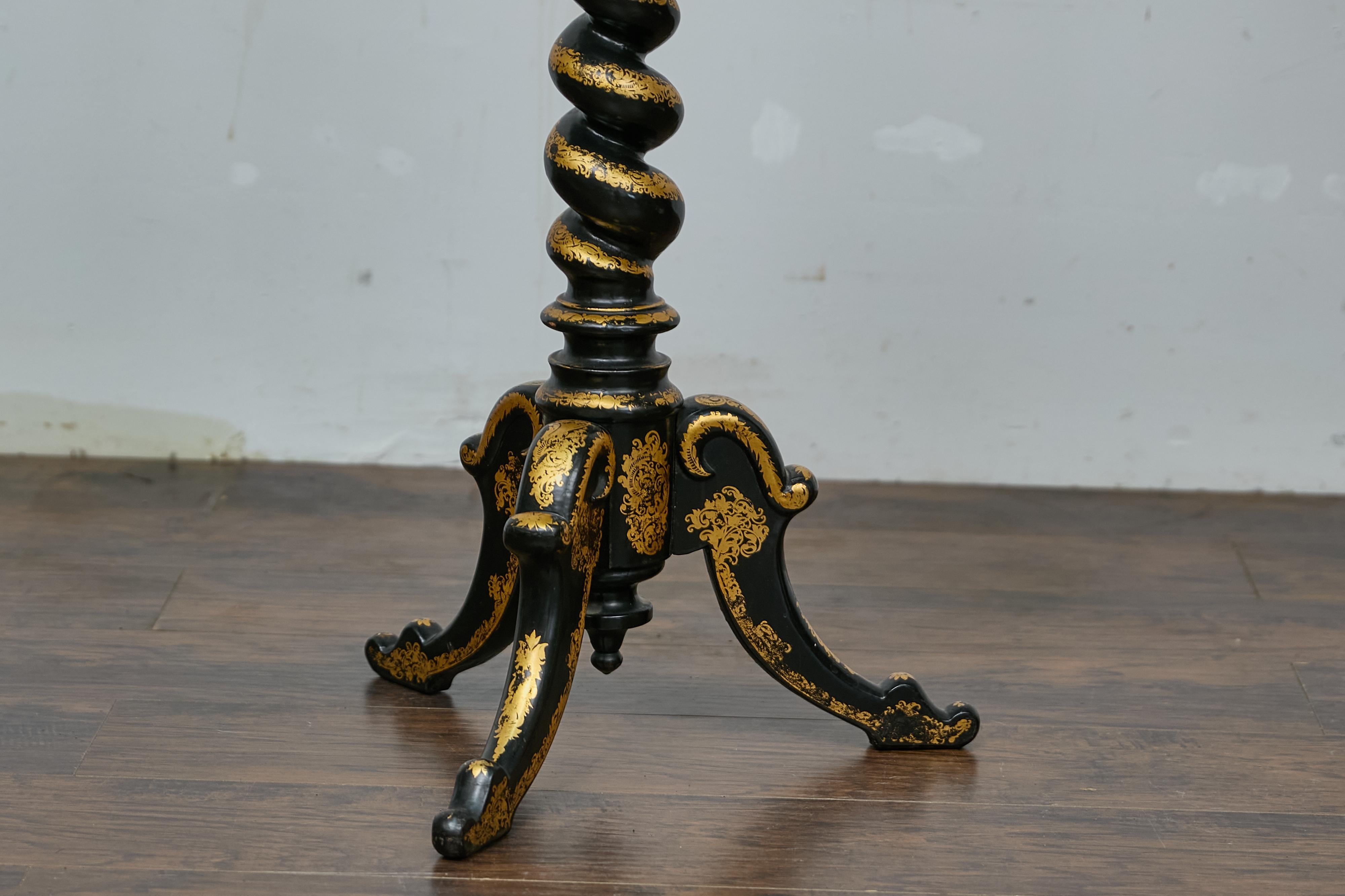 Victorian English Ebonized Barley Twist Pedestal Table with Zebra Hide and Gilt Detailing For Sale