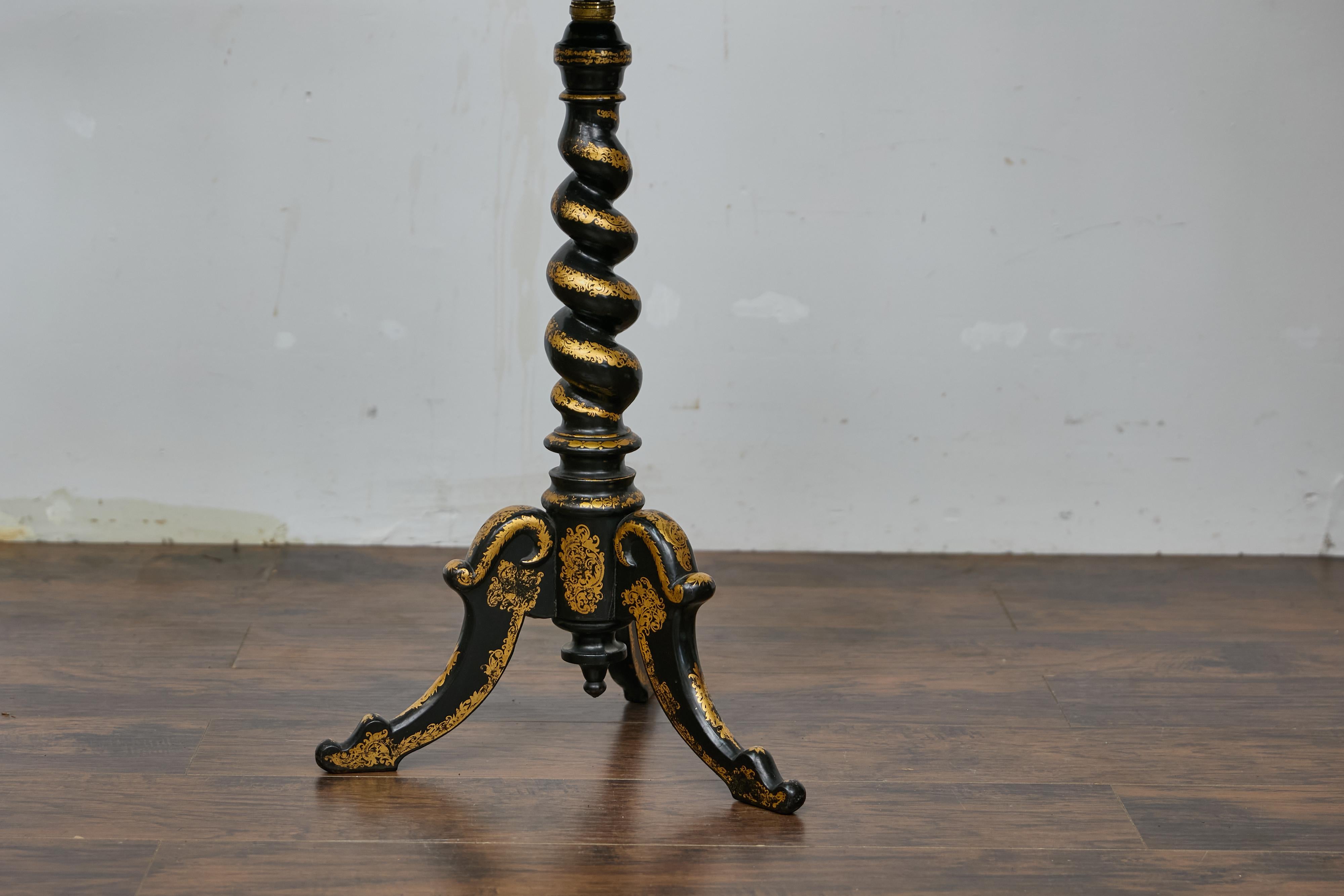 Carved English Ebonized Barley Twist Pedestal Table with Zebra Hide and Gilt Detailing For Sale