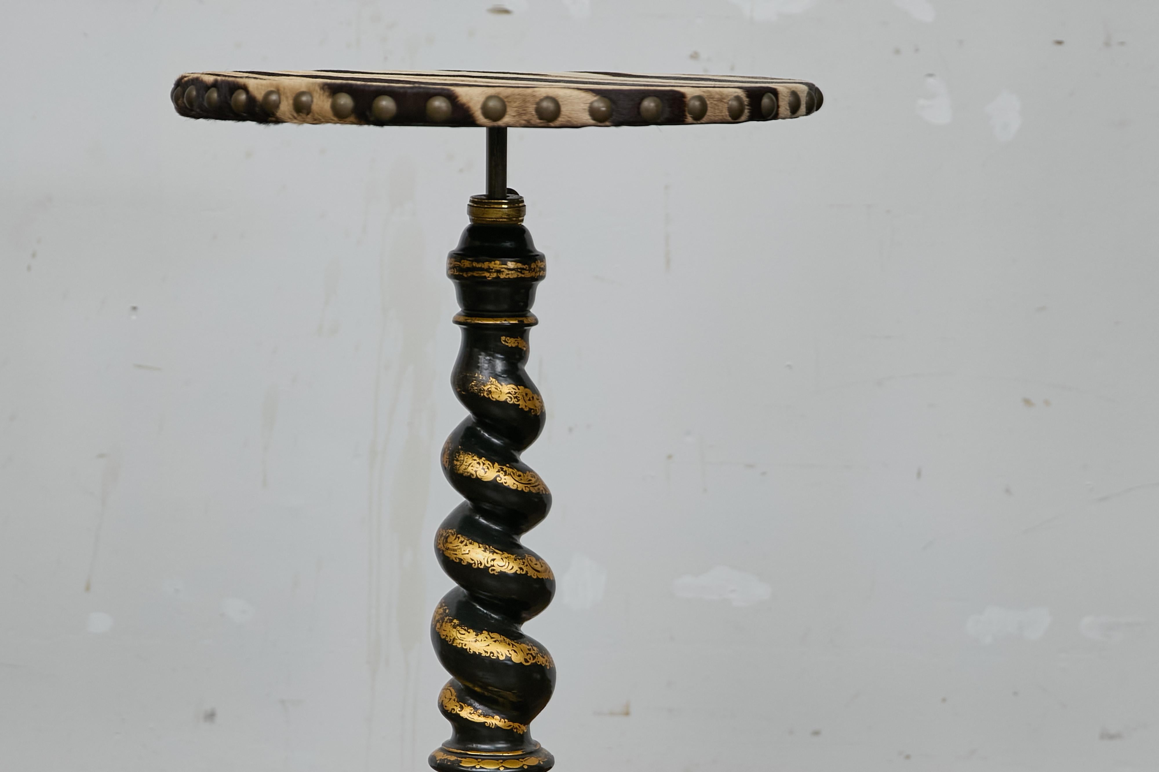 English Ebonized Barley Twist Pedestal Table with Zebra Hide and Gilt Detailing In Good Condition For Sale In Atlanta, GA