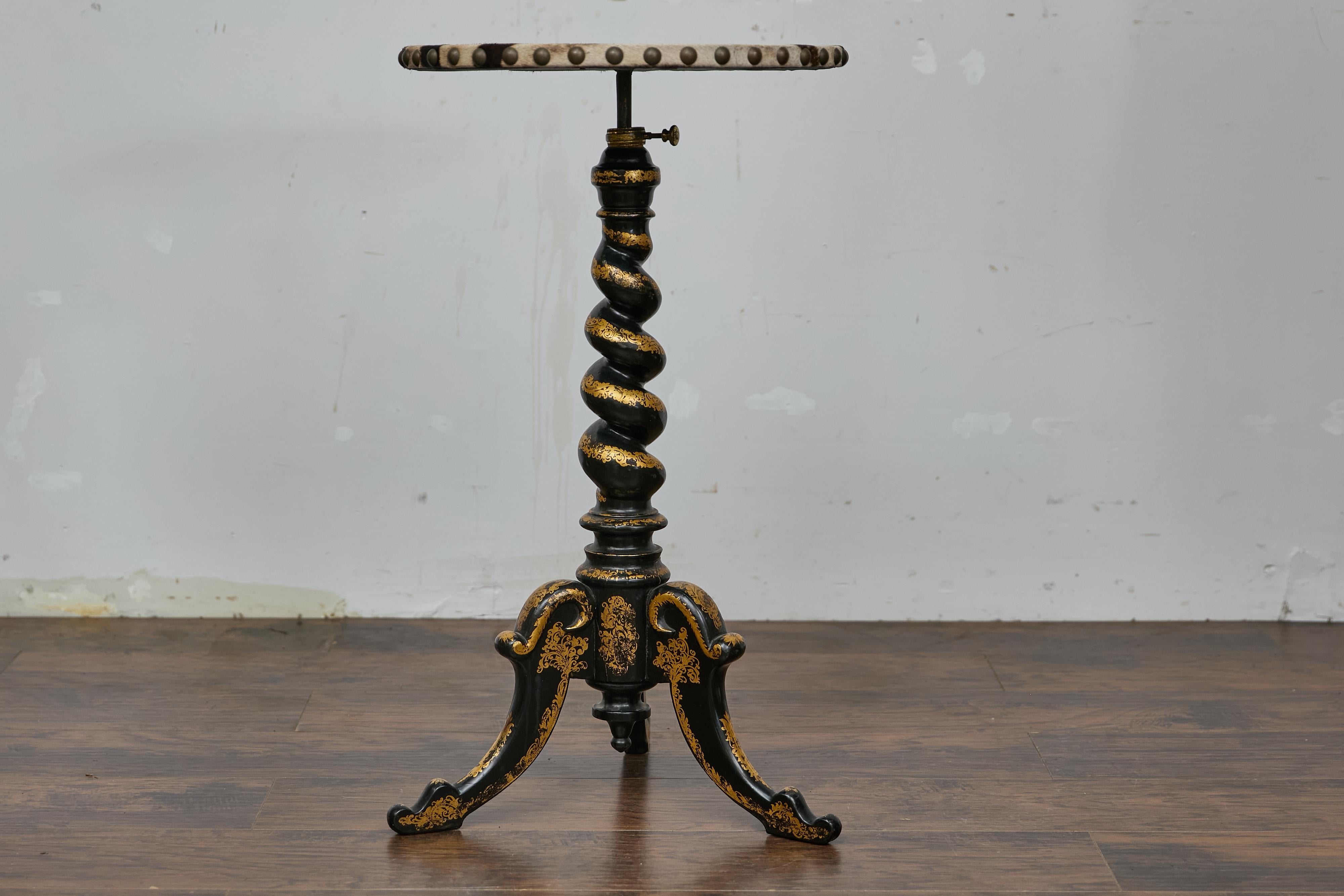 19th Century English Ebonized Barley Twist Pedestal Table with Zebra Hide and Gilt Detailing For Sale