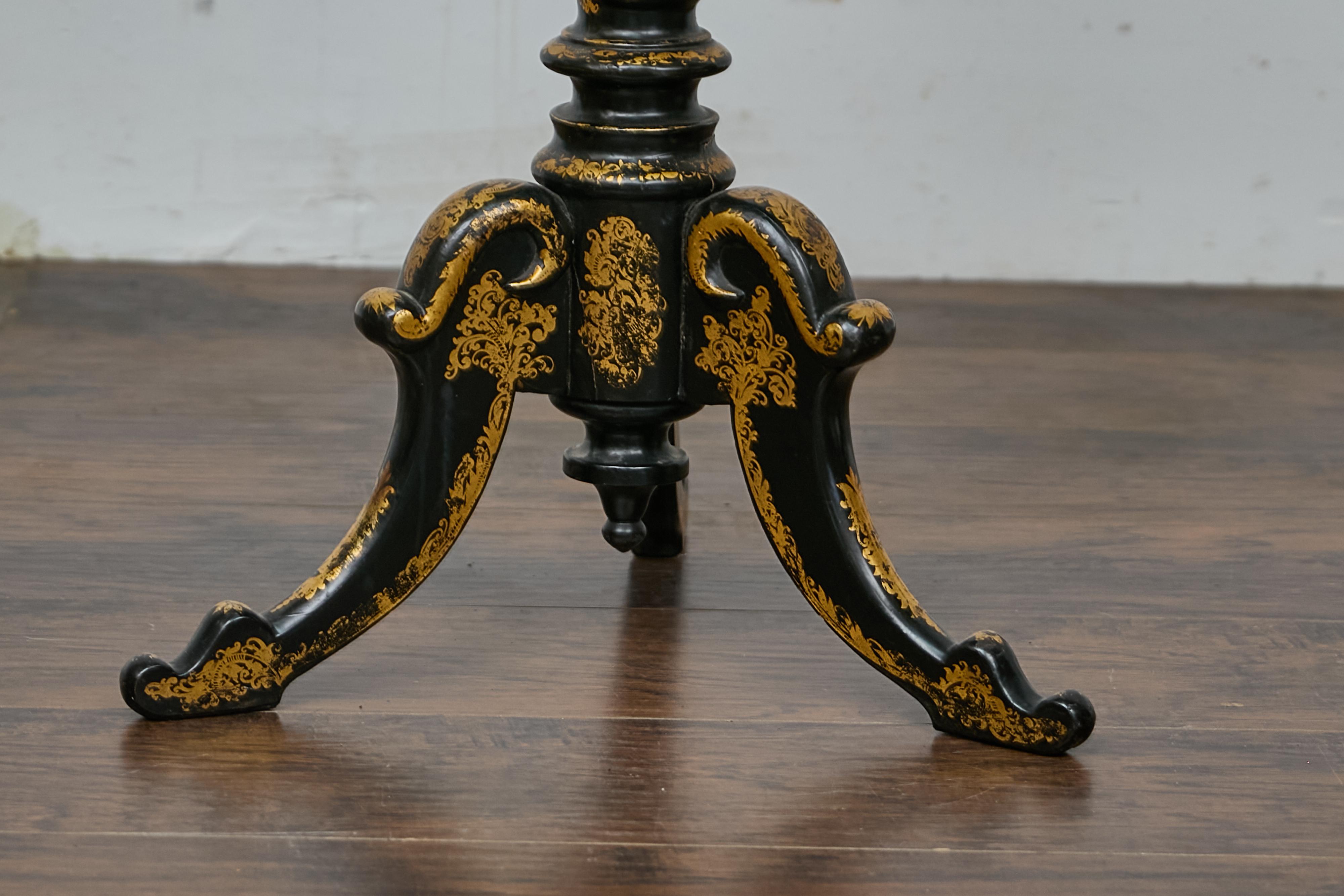 English Ebonized Barley Twist Pedestal Table with Zebra Hide and Gilt Detailing For Sale 1