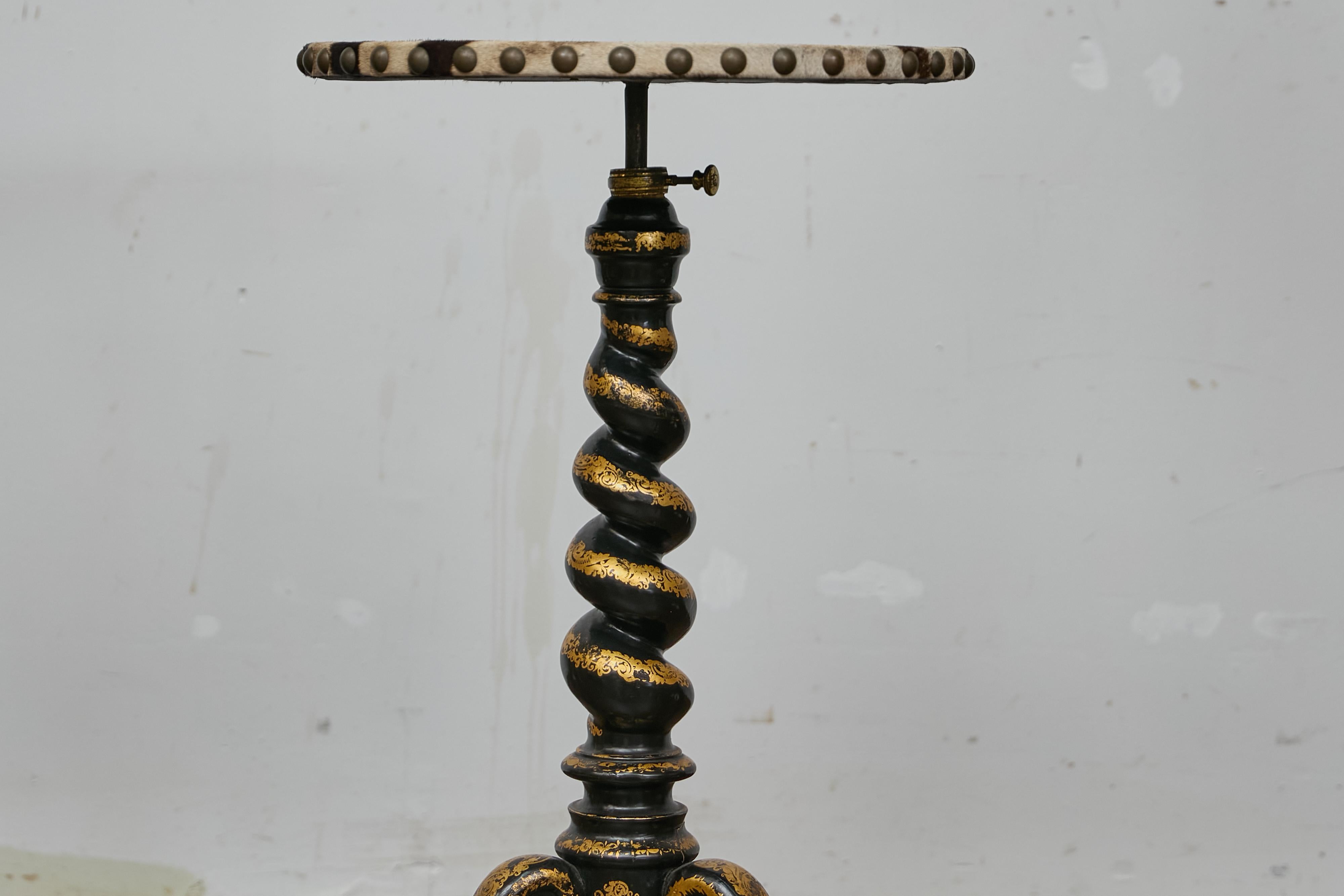 English Ebonized Barley Twist Pedestal Table with Zebra Hide and Gilt Detailing For Sale 2