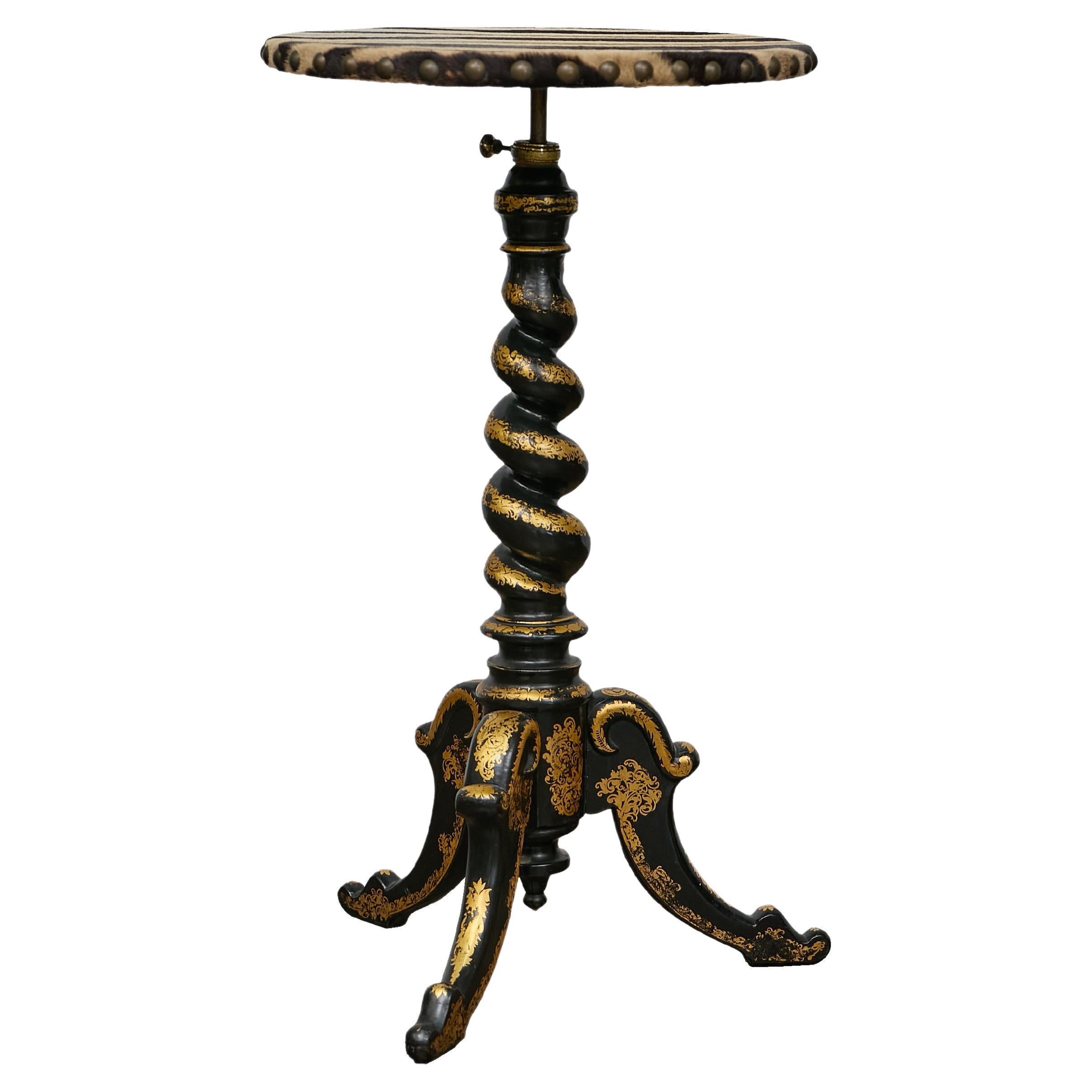 English Ebonized Barley Twist Pedestal Table with Zebra Hide and Gilt Detailing For Sale