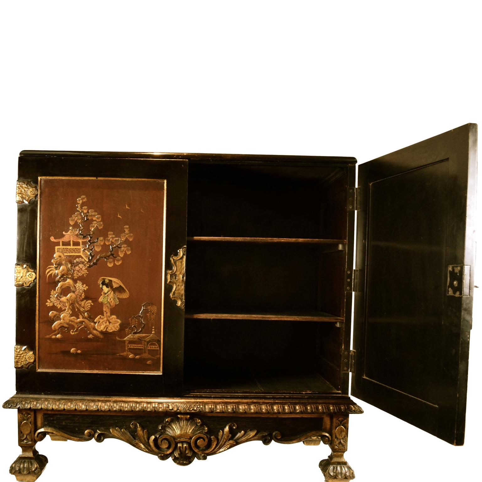 20th Century English Ebonized Chinoiserie Lacquer Commode