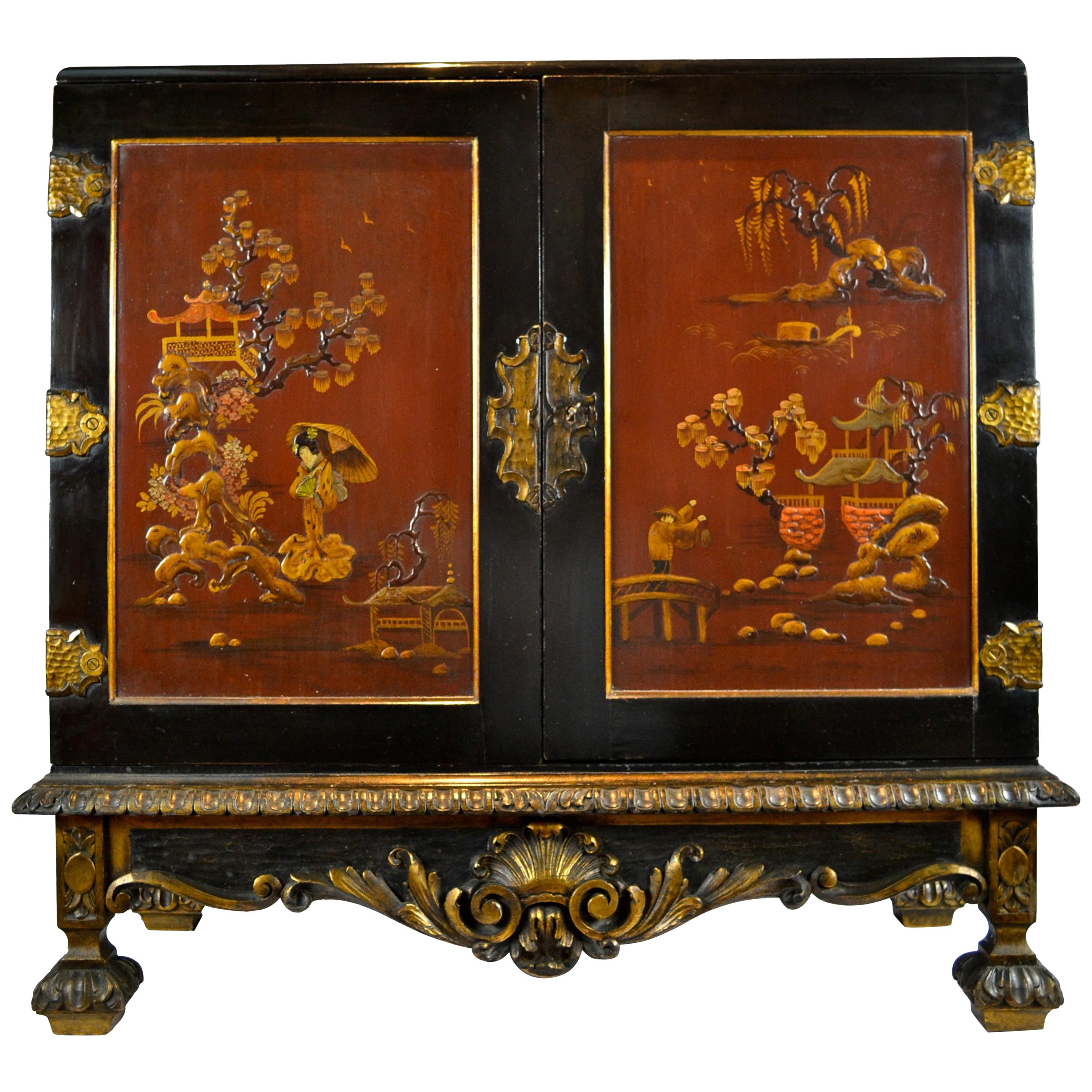 English Ebonized Chinoiserie Lacquer Commode