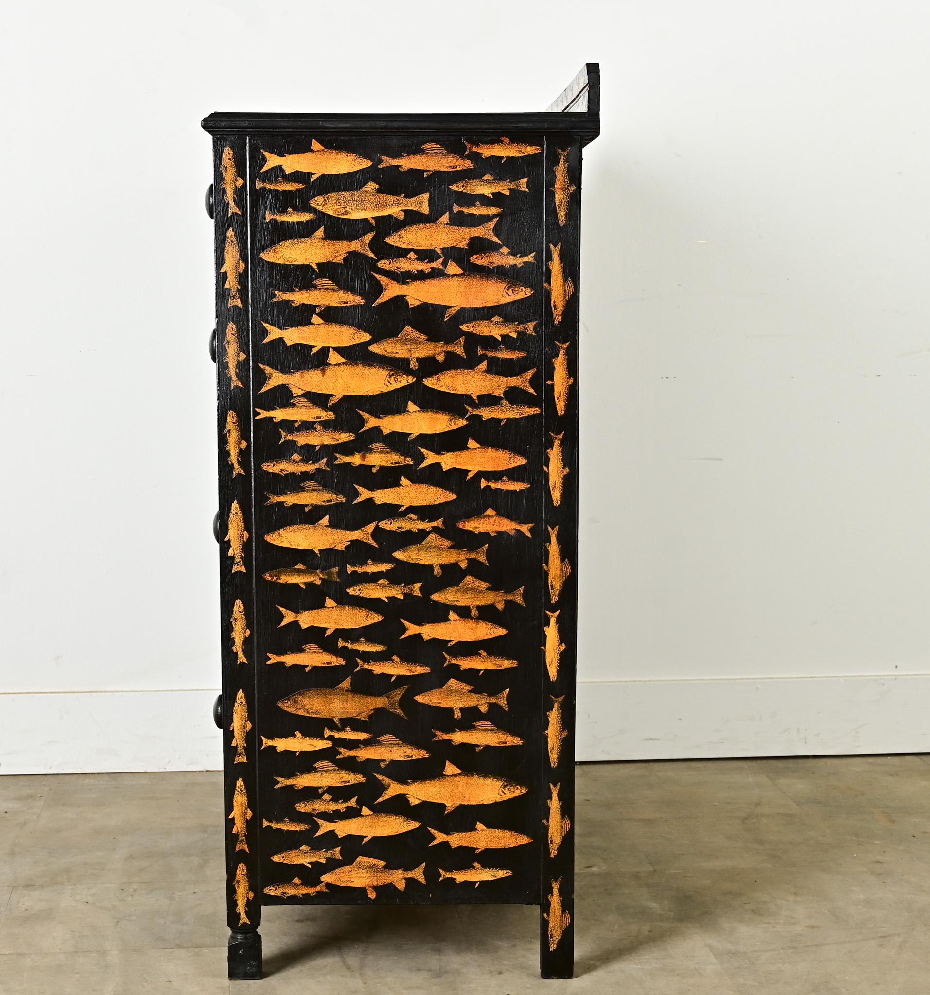 English Ebonized Fish Motif Decoupage Chest For Sale 3