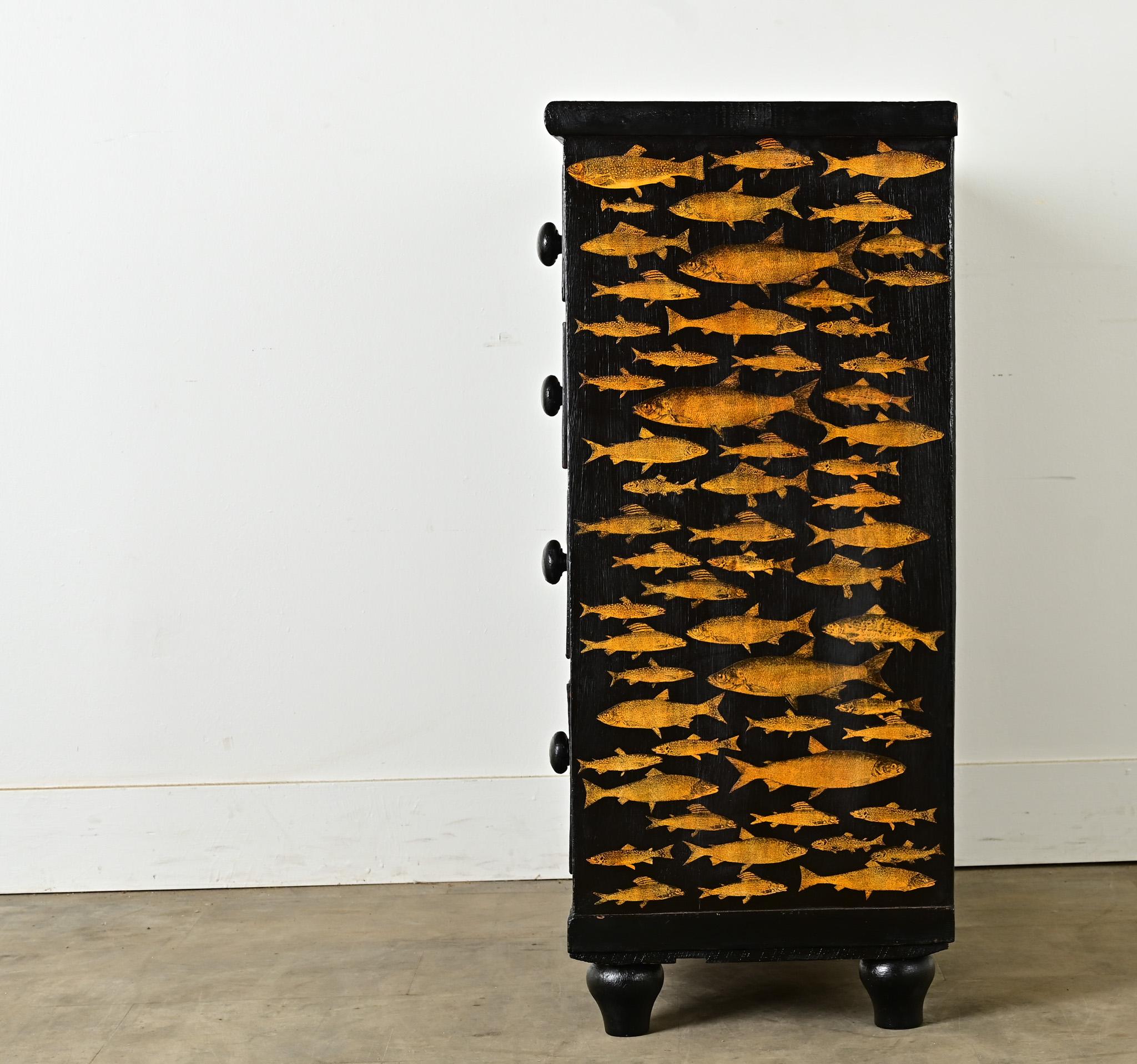 English Ebonized Fish Motif Decoupage Chest 3