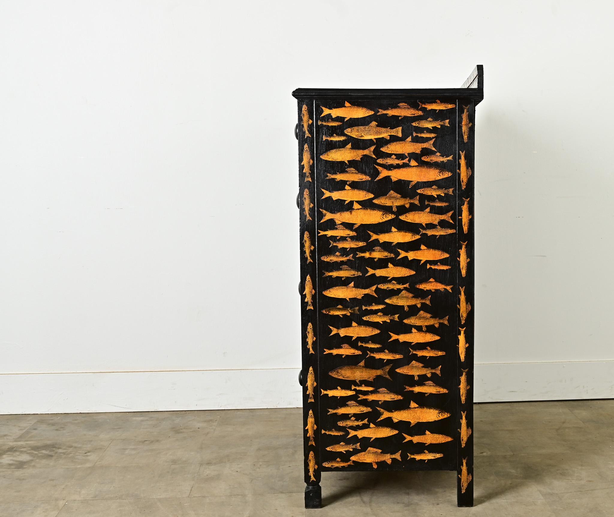 English Ebonized Fish Motif Decoupage Chest For Sale 5