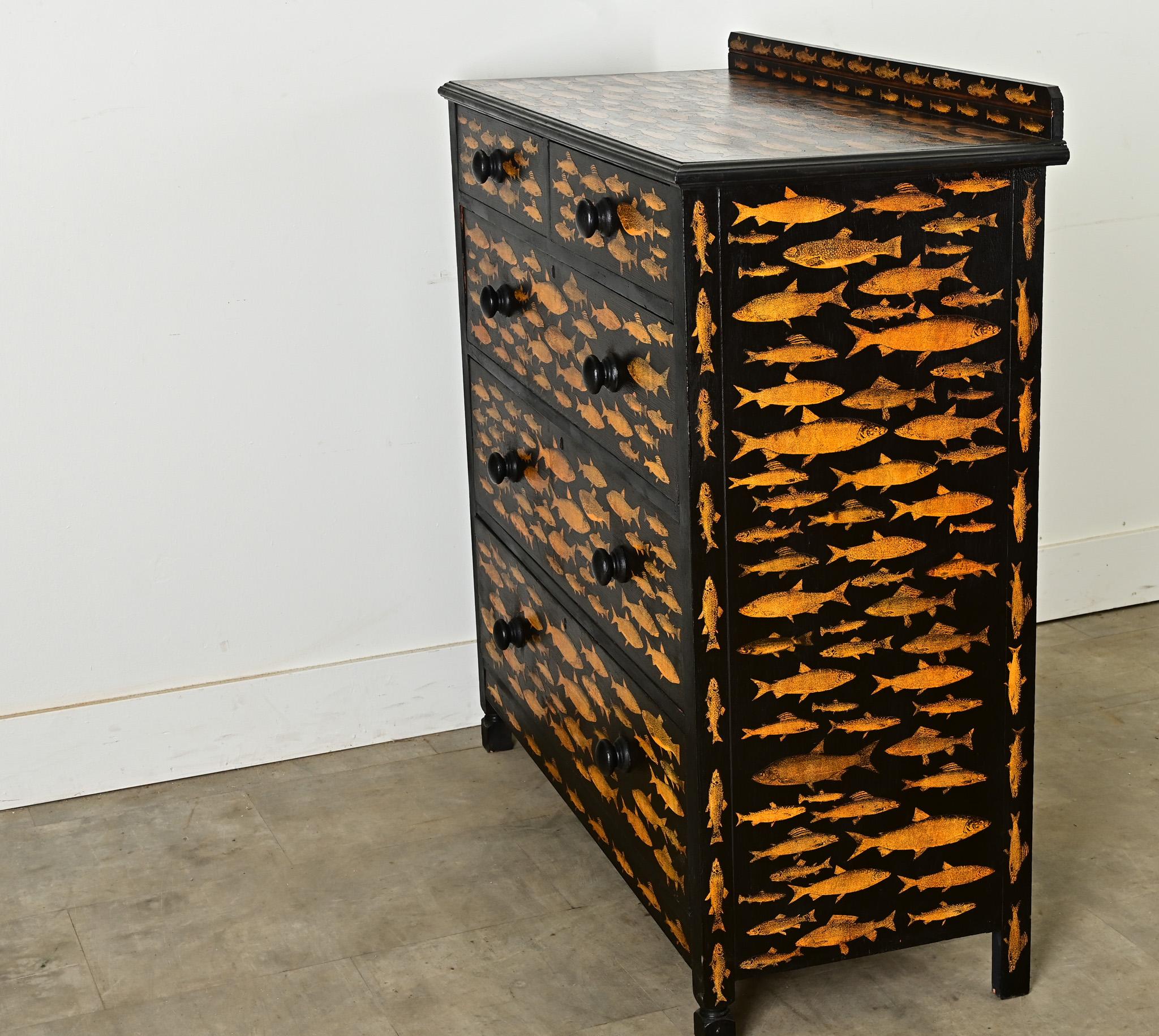 English Ebonized Fish Motif Decoupage Chest For Sale 6