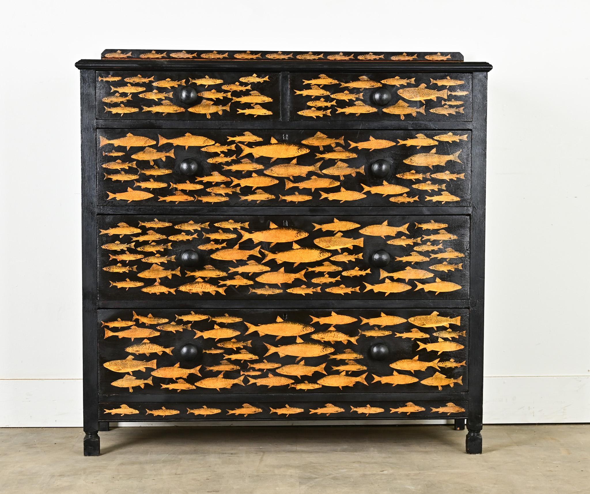 Other English Ebonized Fish Motif Decoupage Chest For Sale