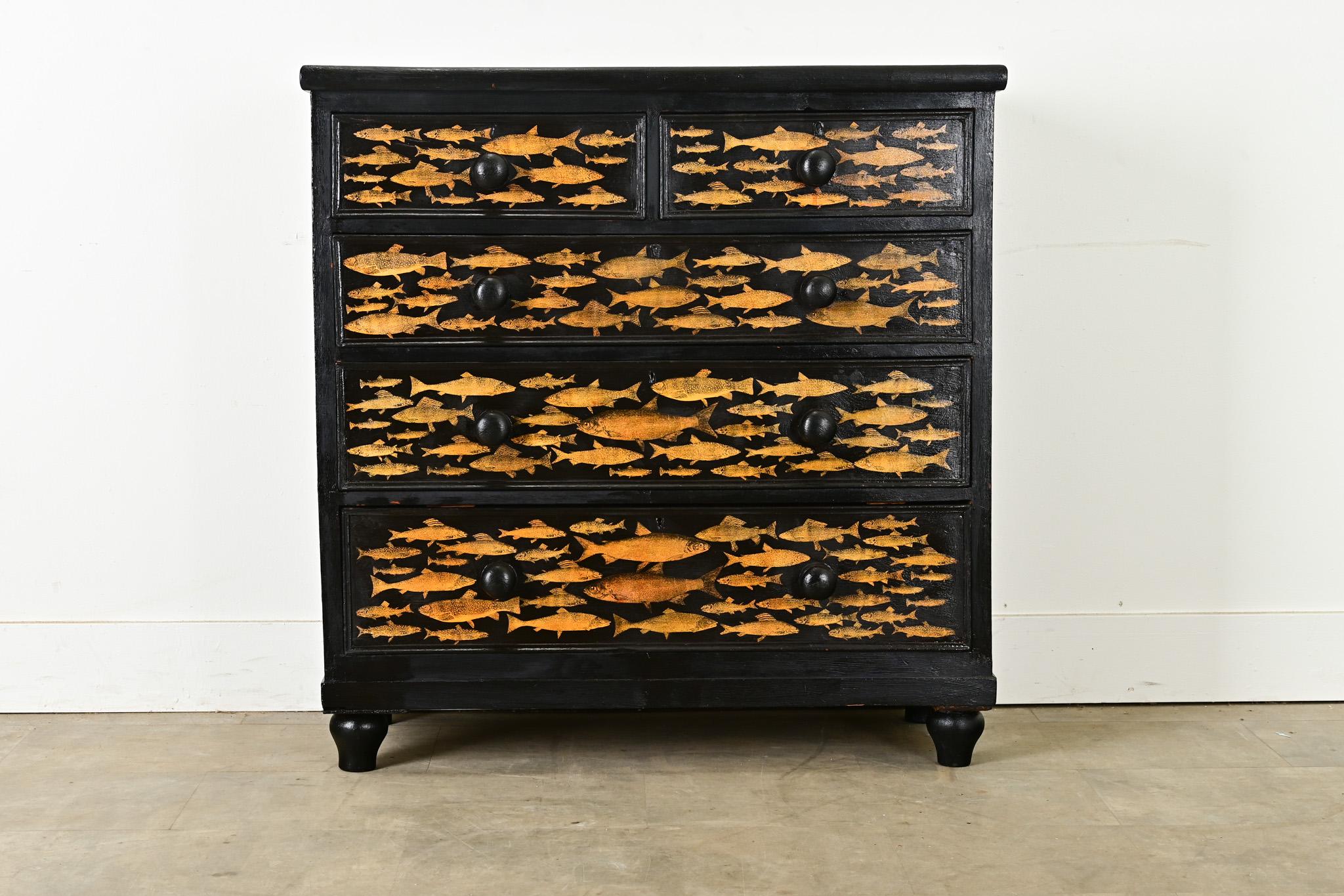 Other English Ebonized Fish Motif Decoupage Chest