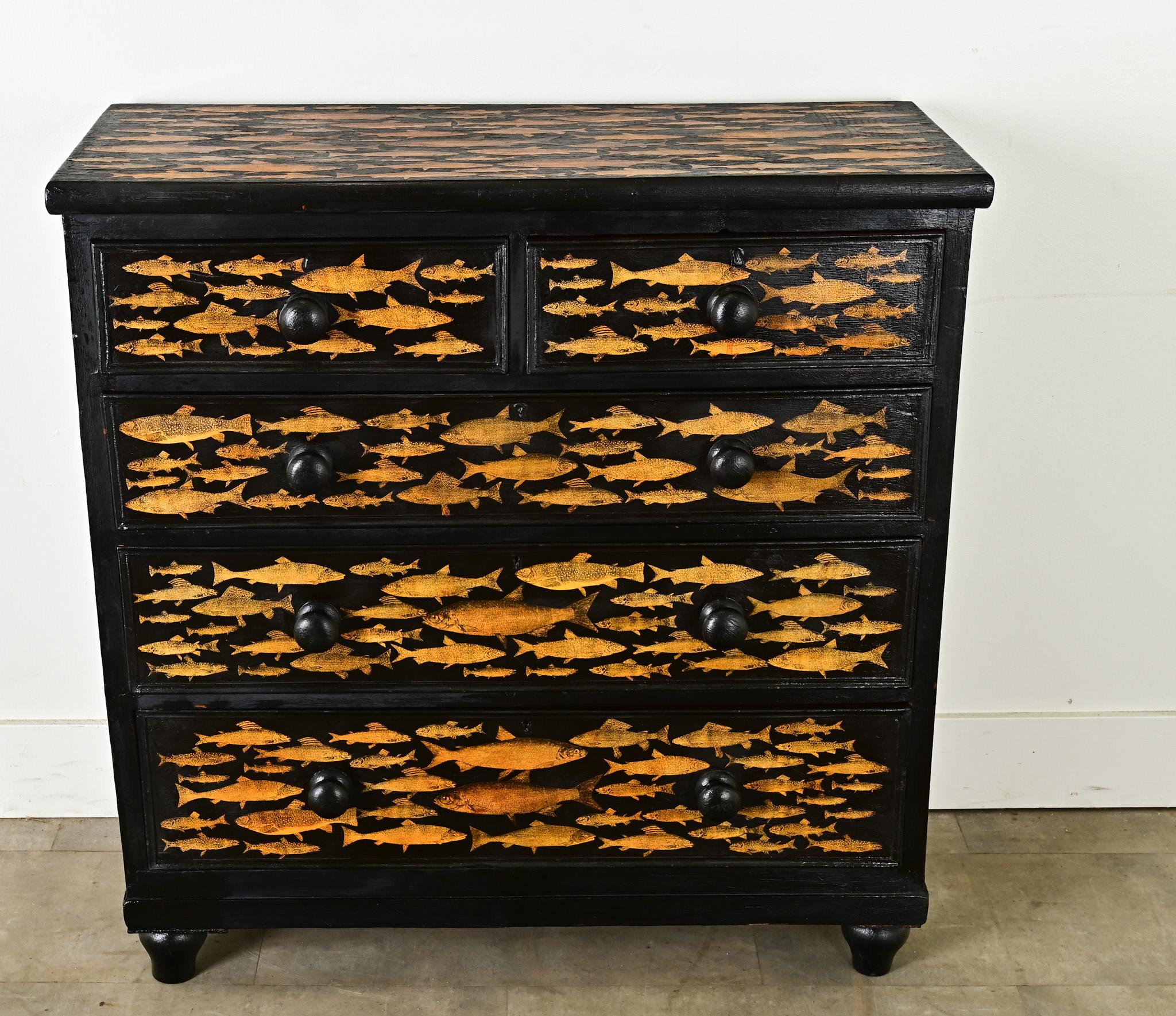 Hand-Carved English Ebonized Fish Motif Decoupage Chest