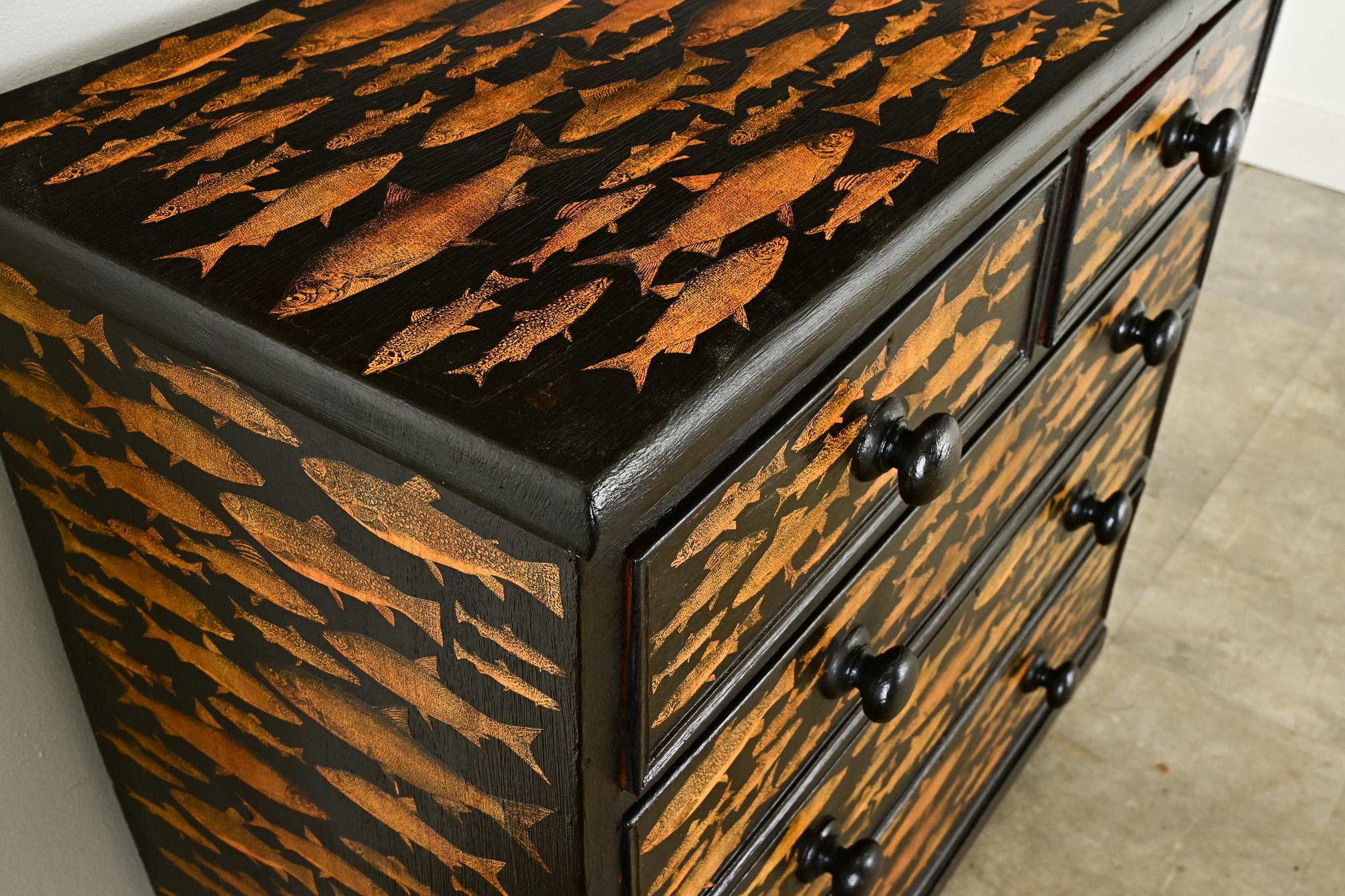 English Ebonized Fish Motif Decoupage Chest In Good Condition In Baton Rouge, LA