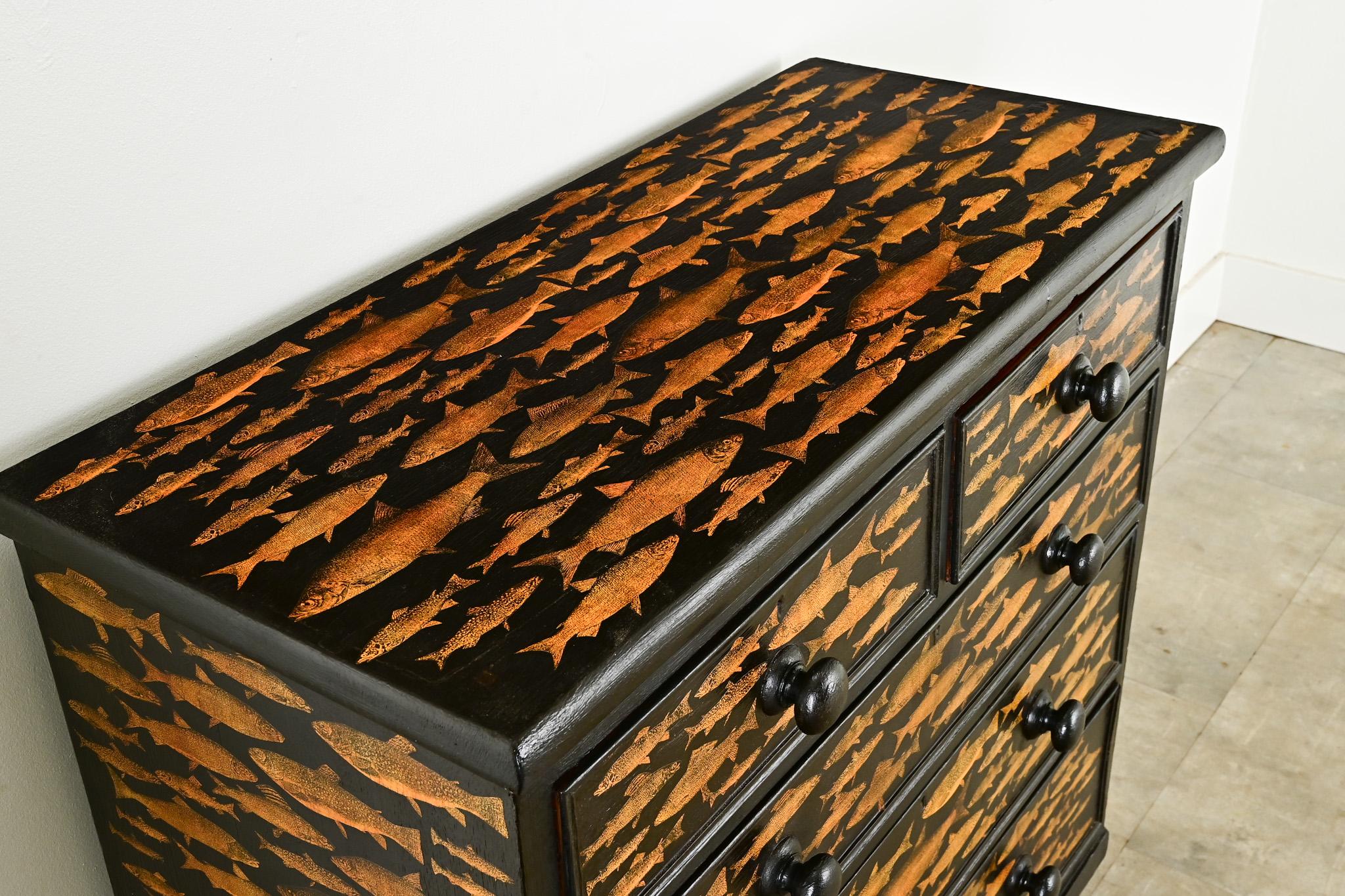 20th Century English Ebonized Fish Motif Decoupage Chest