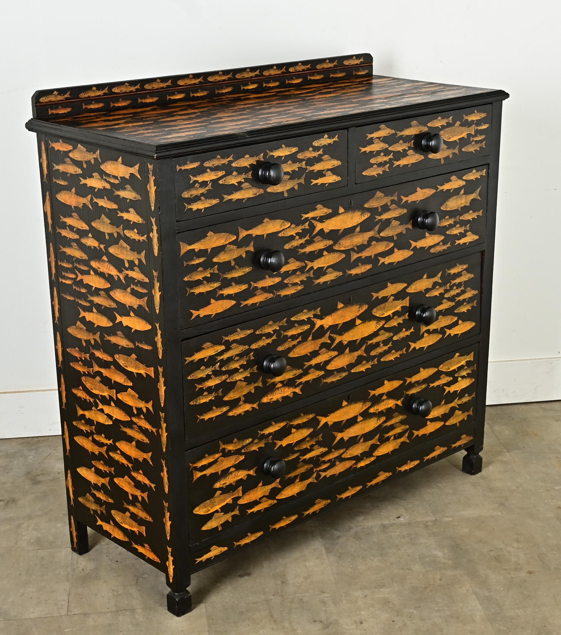 Pine English Ebonized Fish Motif Decoupage Chest For Sale