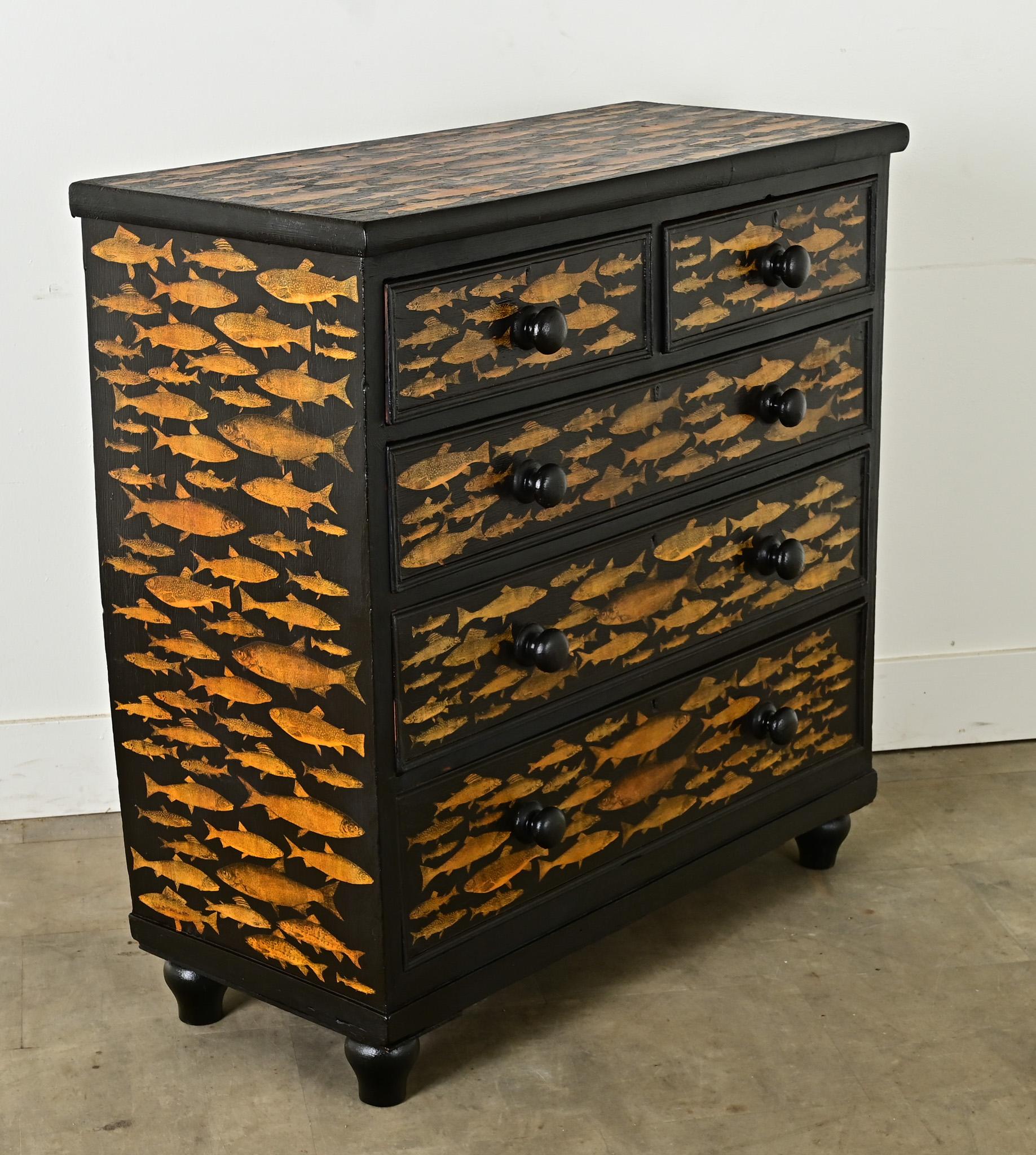 Pine English Ebonized Fish Motif Decoupage Chest