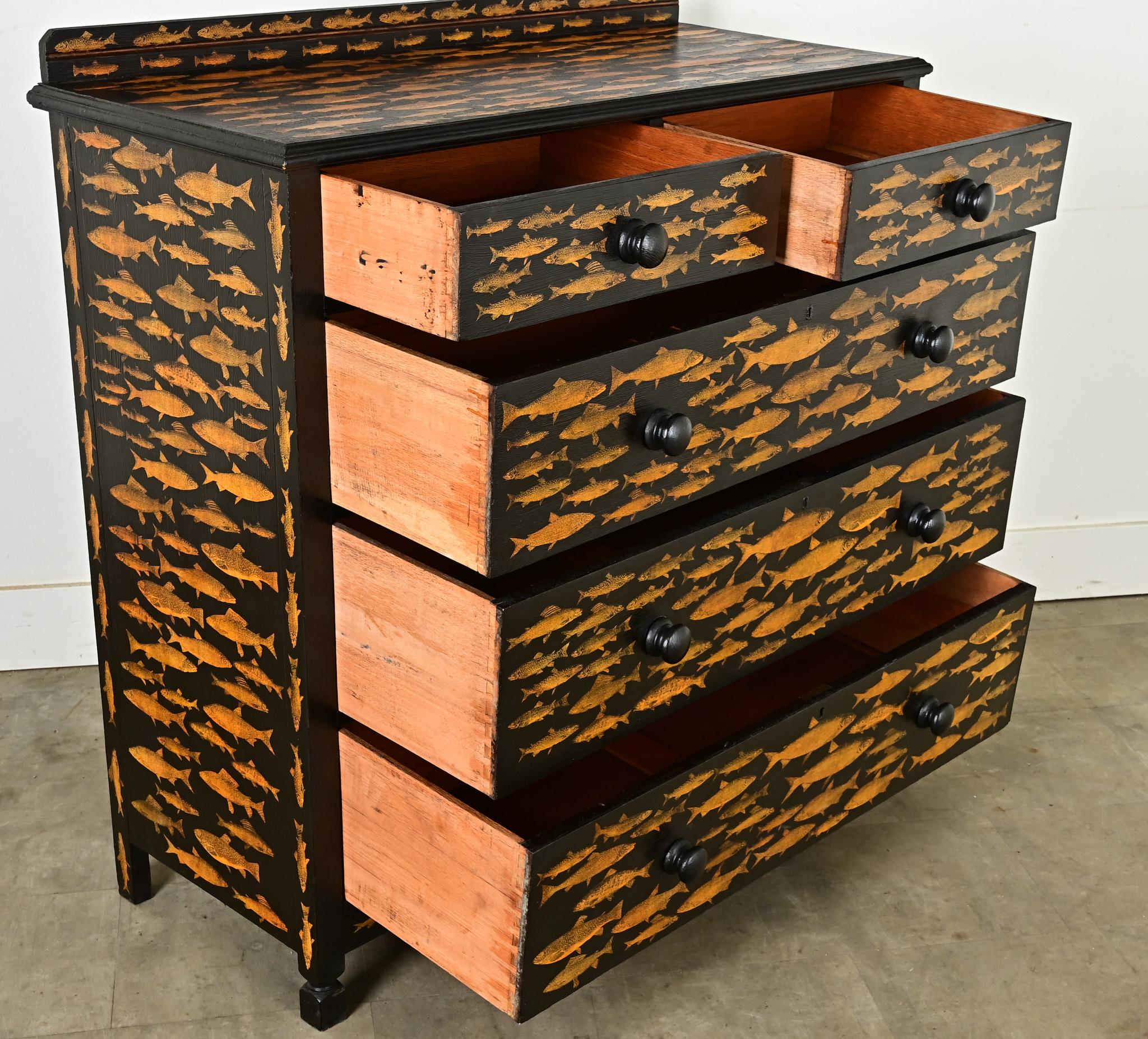 English Ebonized Fish Motif Decoupage Chest For Sale 1