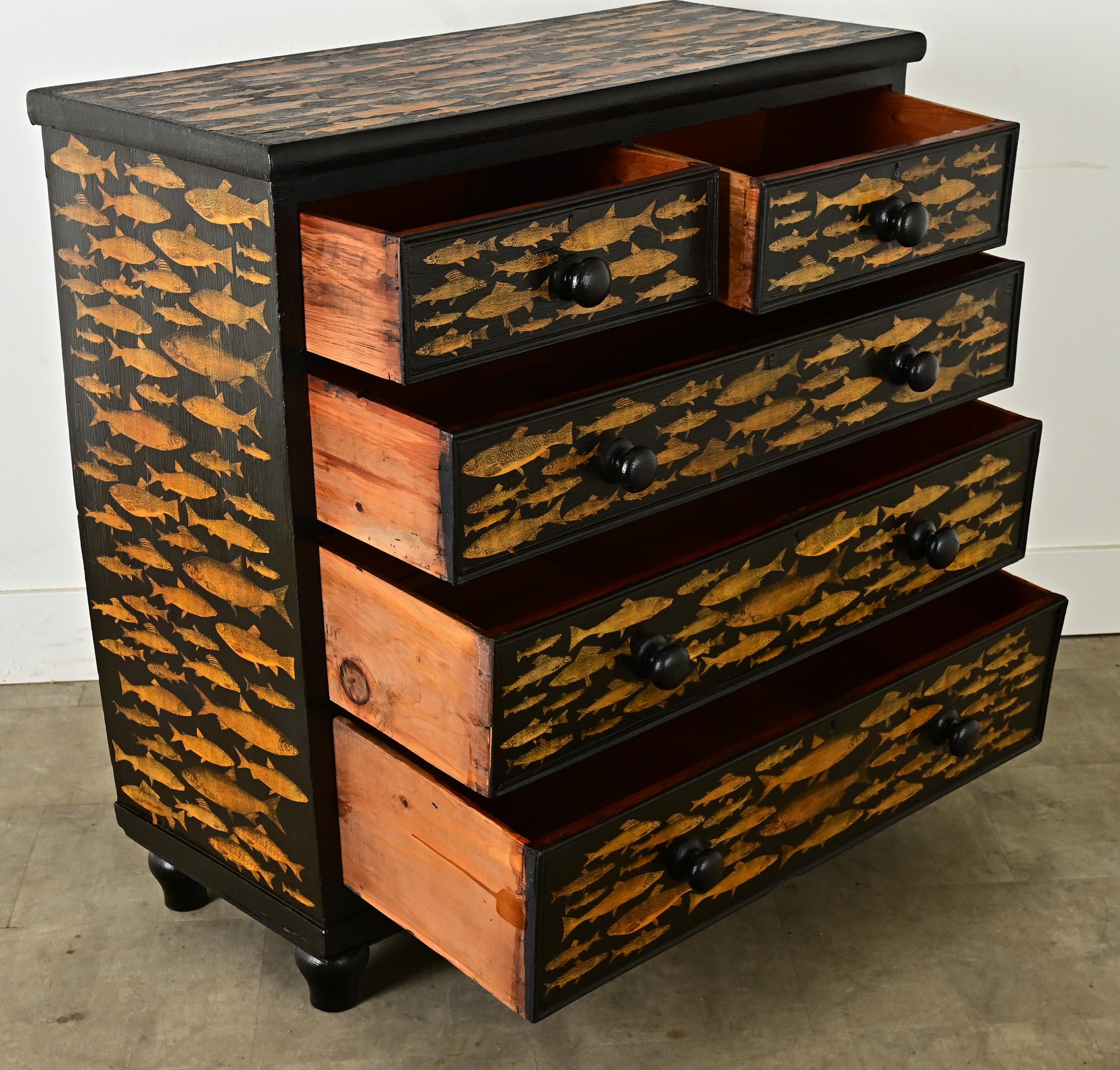 English Ebonized Fish Motif Decoupage Chest 1
