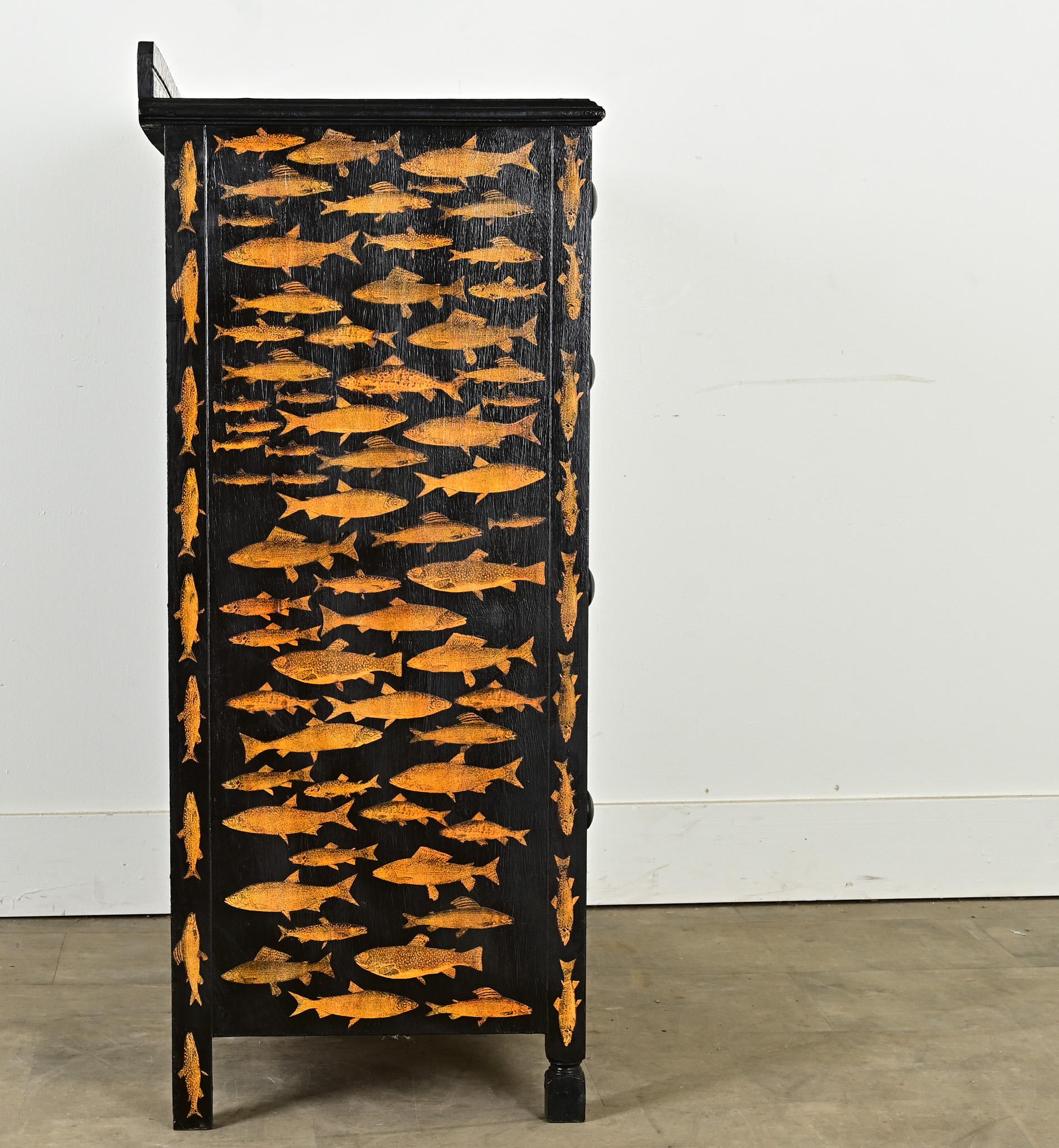English Ebonized Fish Motif Decoupage Chest For Sale 2