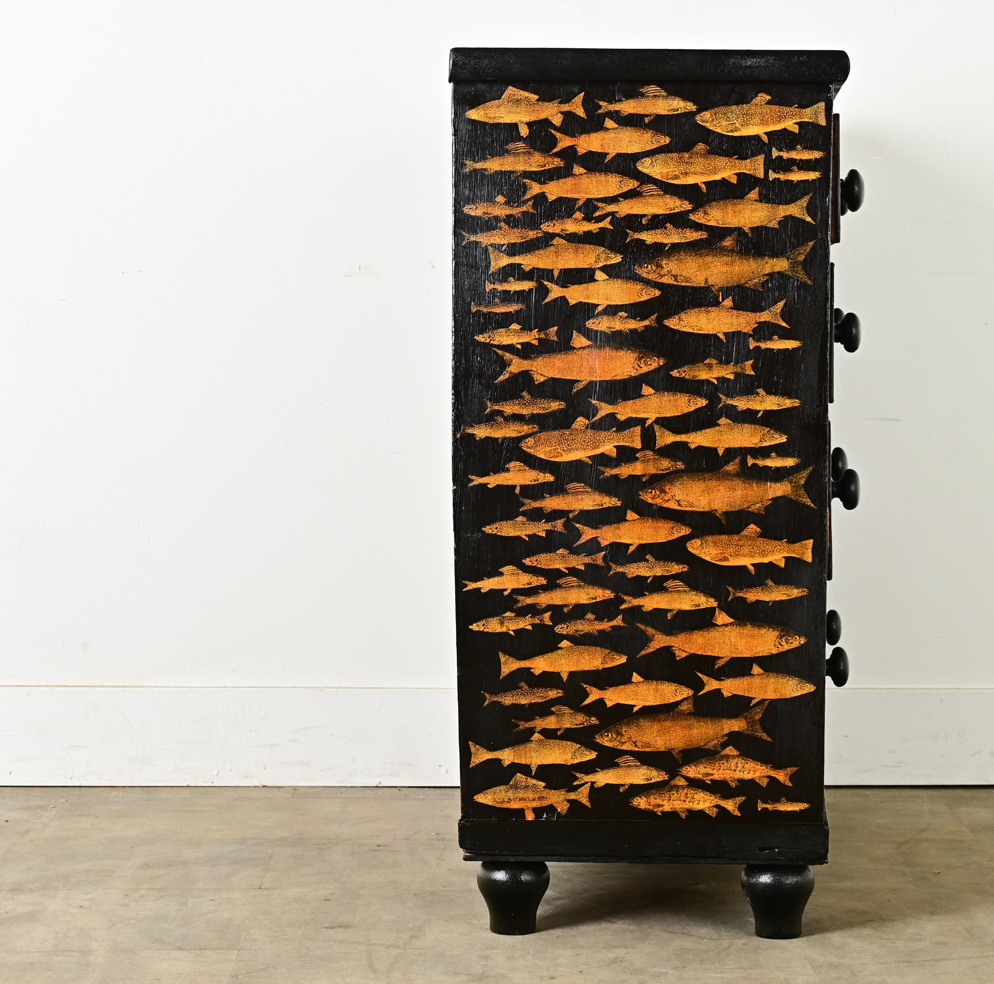 English Ebonized Fish Motif Decoupage Chest 2