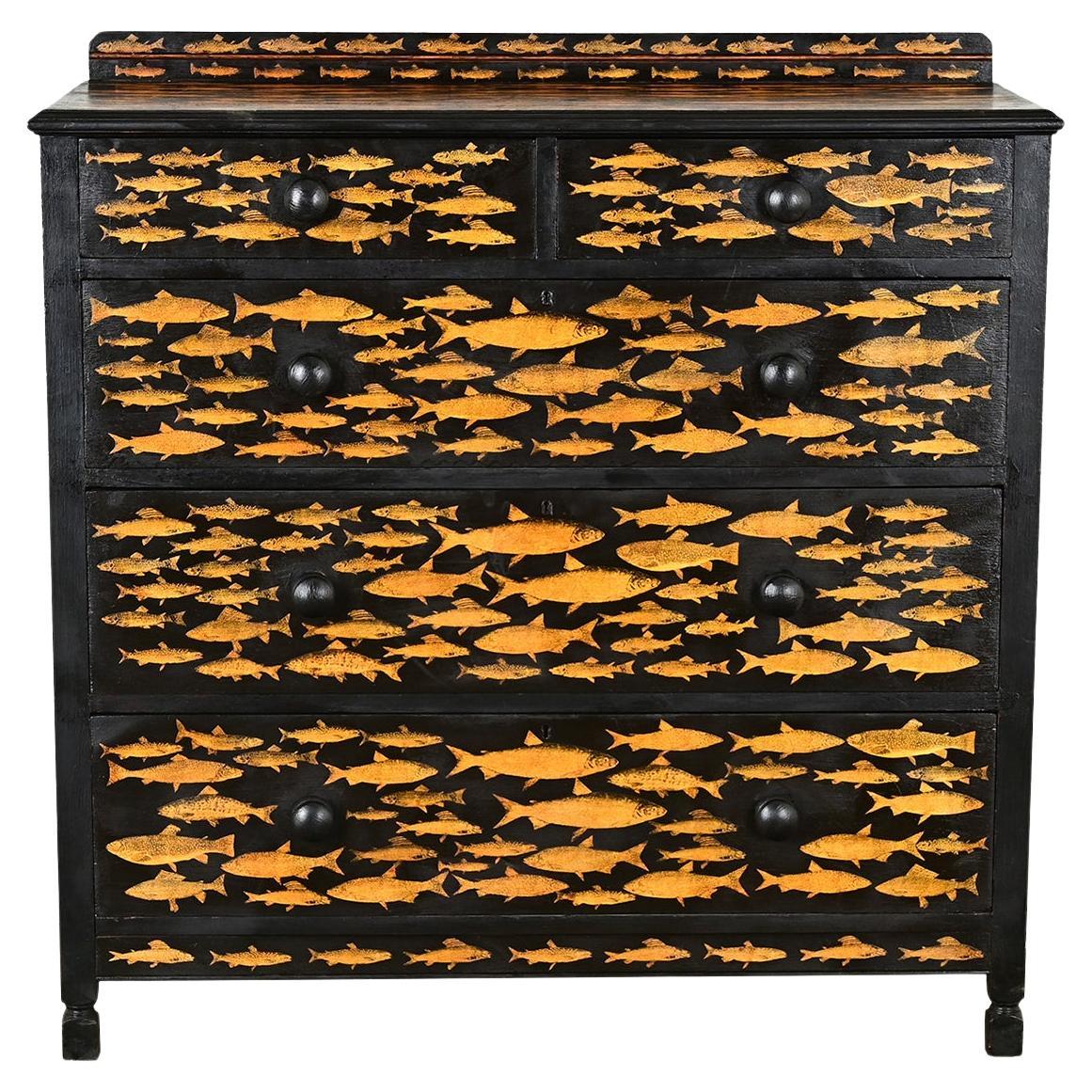 English Ebonized Fish Motif Decoupage Chest For Sale