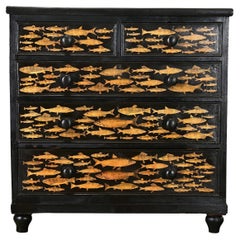 English Ebonized Fish Motif Decoupage Chest