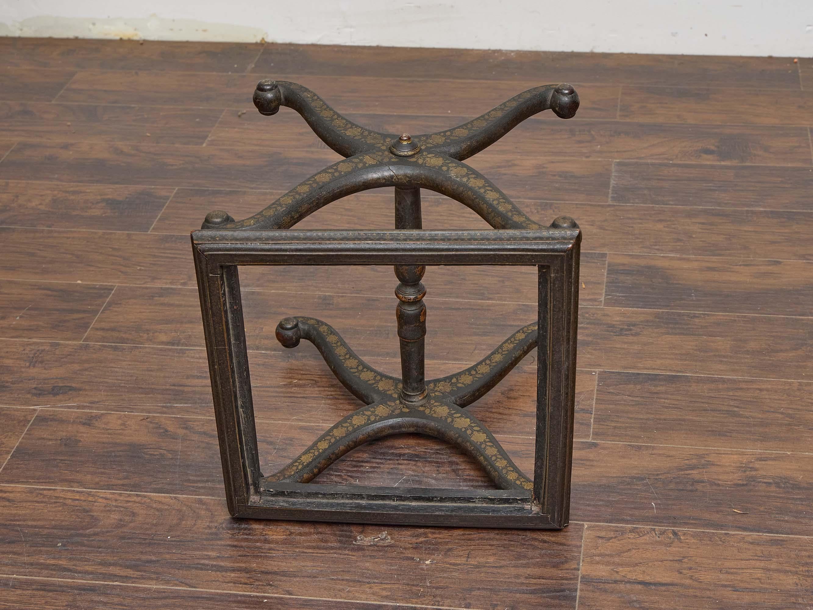 English Ebonized Stool with Fortuny Upholstery and Painted Chinoiserie Motif For Sale 5