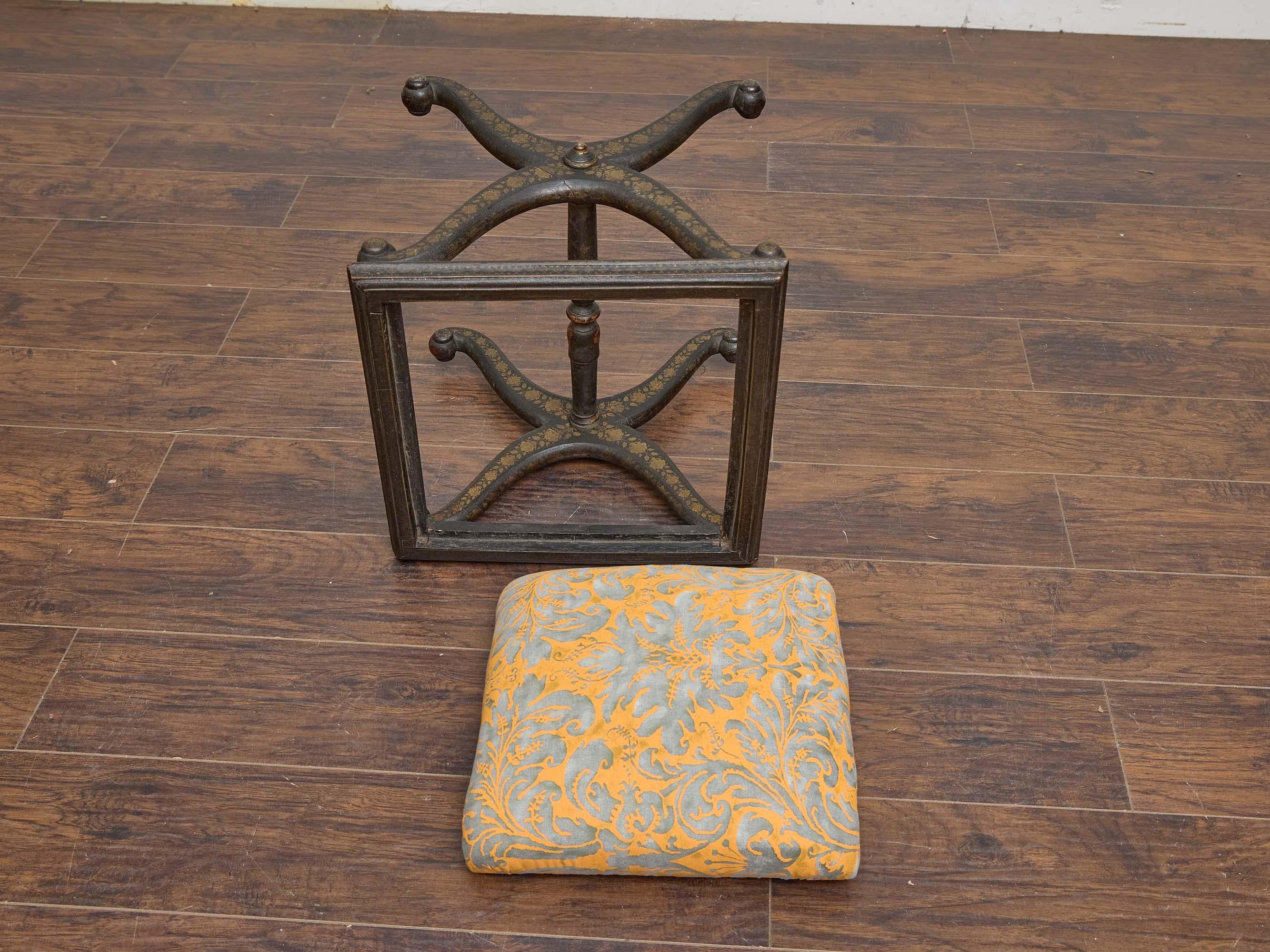English Ebonized Stool with Fortuny Upholstery and Painted Chinoiserie Motif For Sale 7