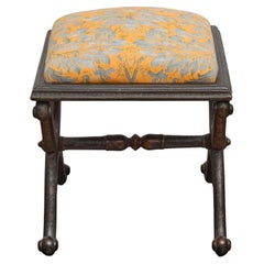 Englischer Hocker aus Ebenholz mit Fortuny-Polsterung und gemaltem Chinoiserie-Motiv