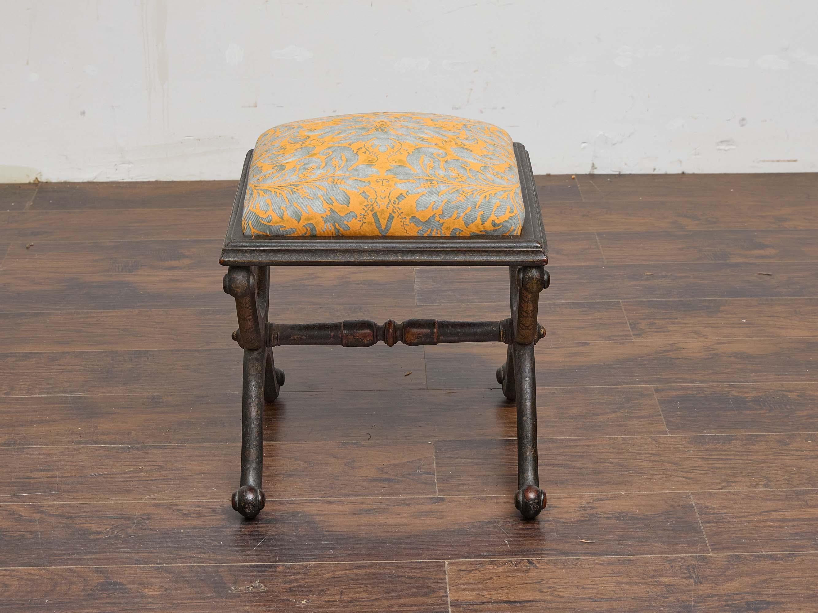 English Ebonized Stool with Fortuny Upholstery and Painted Chinoiserie Motif In Good Condition For Sale In Atlanta, GA