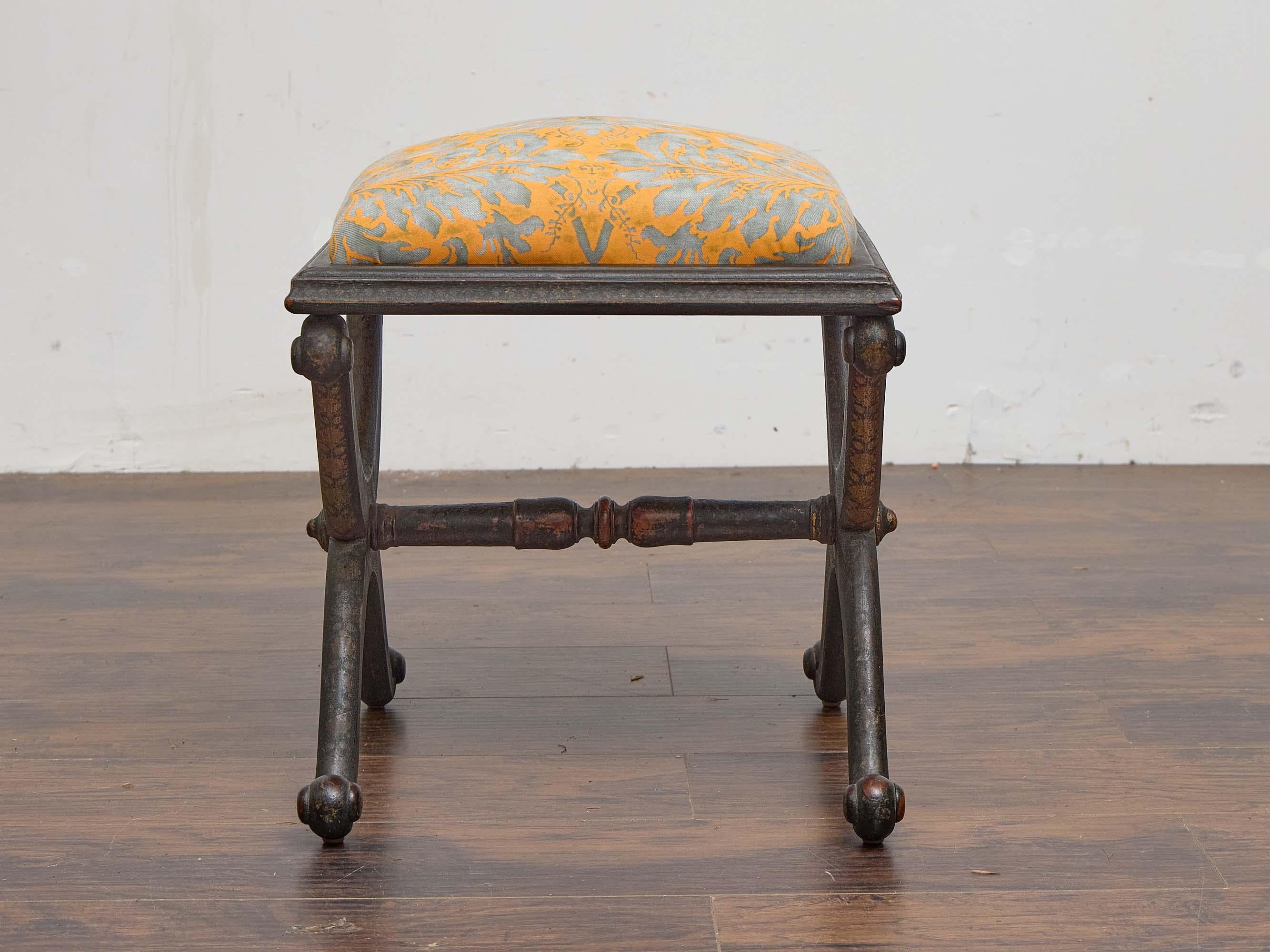 19th Century English Ebonized Stool with Fortuny Upholstery and Painted Chinoiserie Motif For Sale