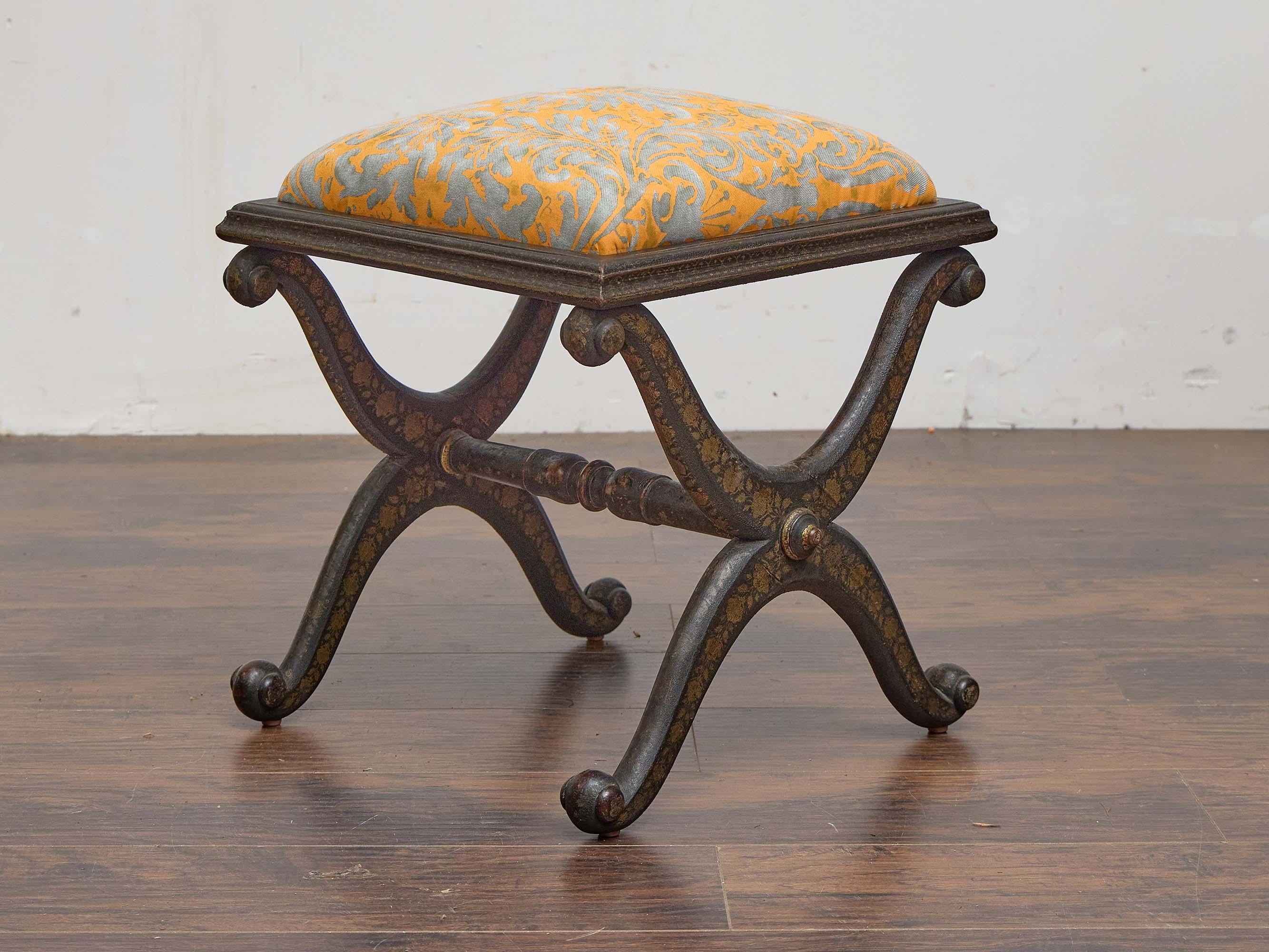 Fabric English Ebonized Stool with Fortuny Upholstery and Painted Chinoiserie Motif For Sale