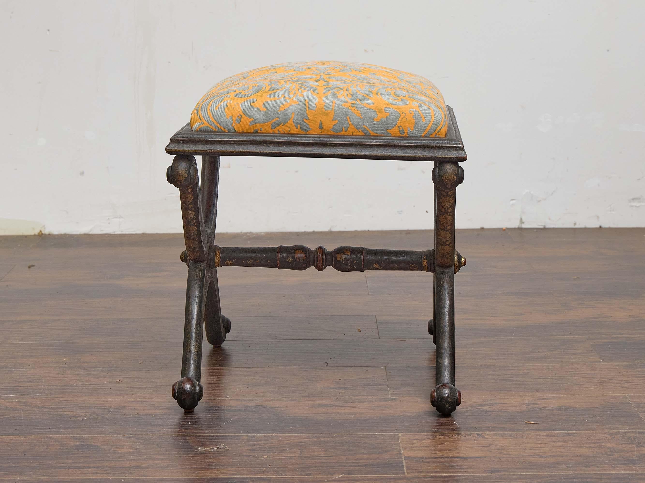 English Ebonized Stool with Fortuny Upholstery and Painted Chinoiserie Motif For Sale 1