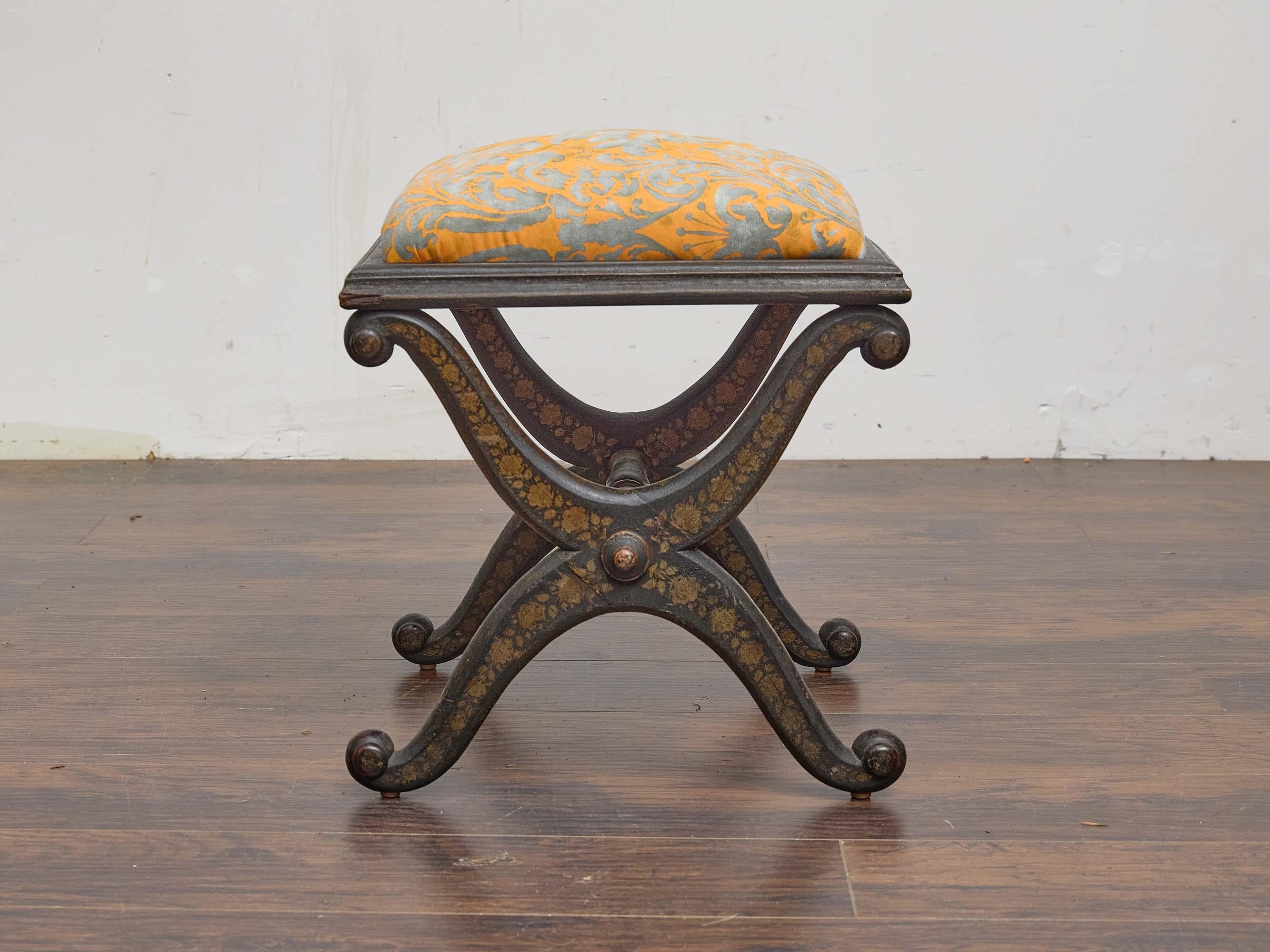 English Ebonized Stool with Fortuny Upholstery and Painted Chinoiserie Motif For Sale 2