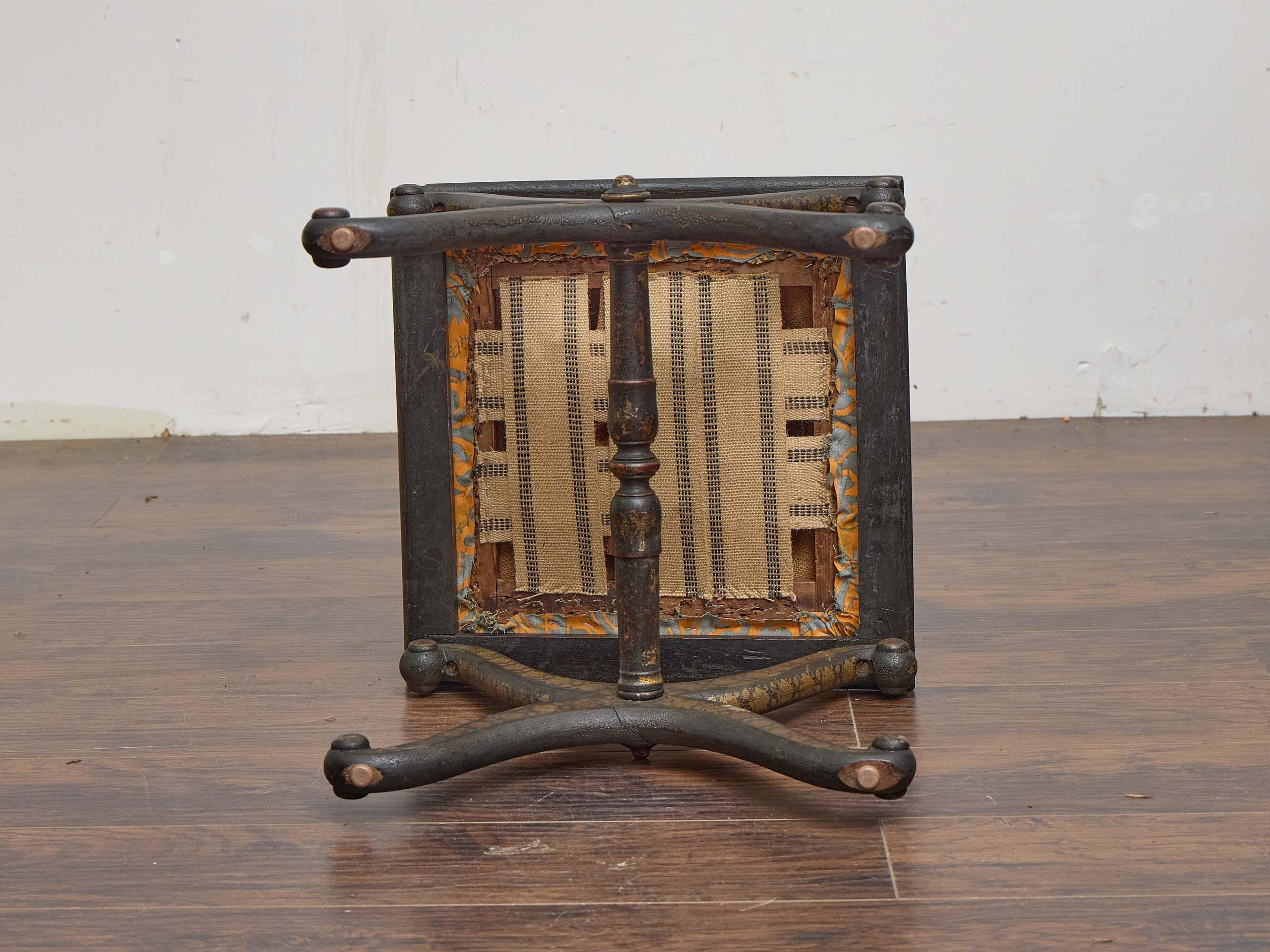 English Ebonized Stool with Fortuny Upholstery and Painted Chinoiserie Motif For Sale 3